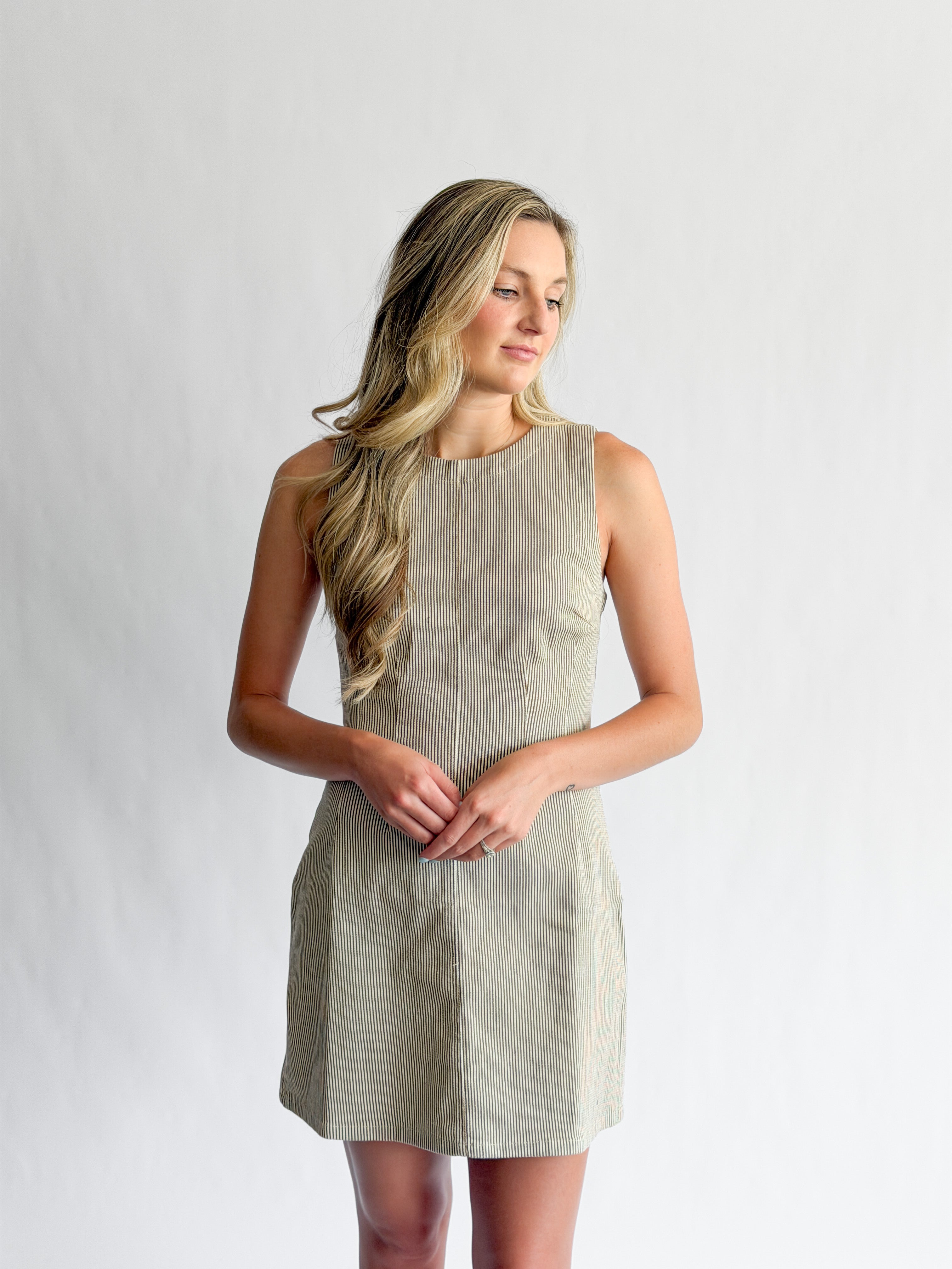 Valerie Brown Stripe Cotton Pintuck Sleeveless Mini Dress