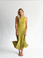 Violet Boat Neck Sleeveless Basque Waist Midi Dress (Green)