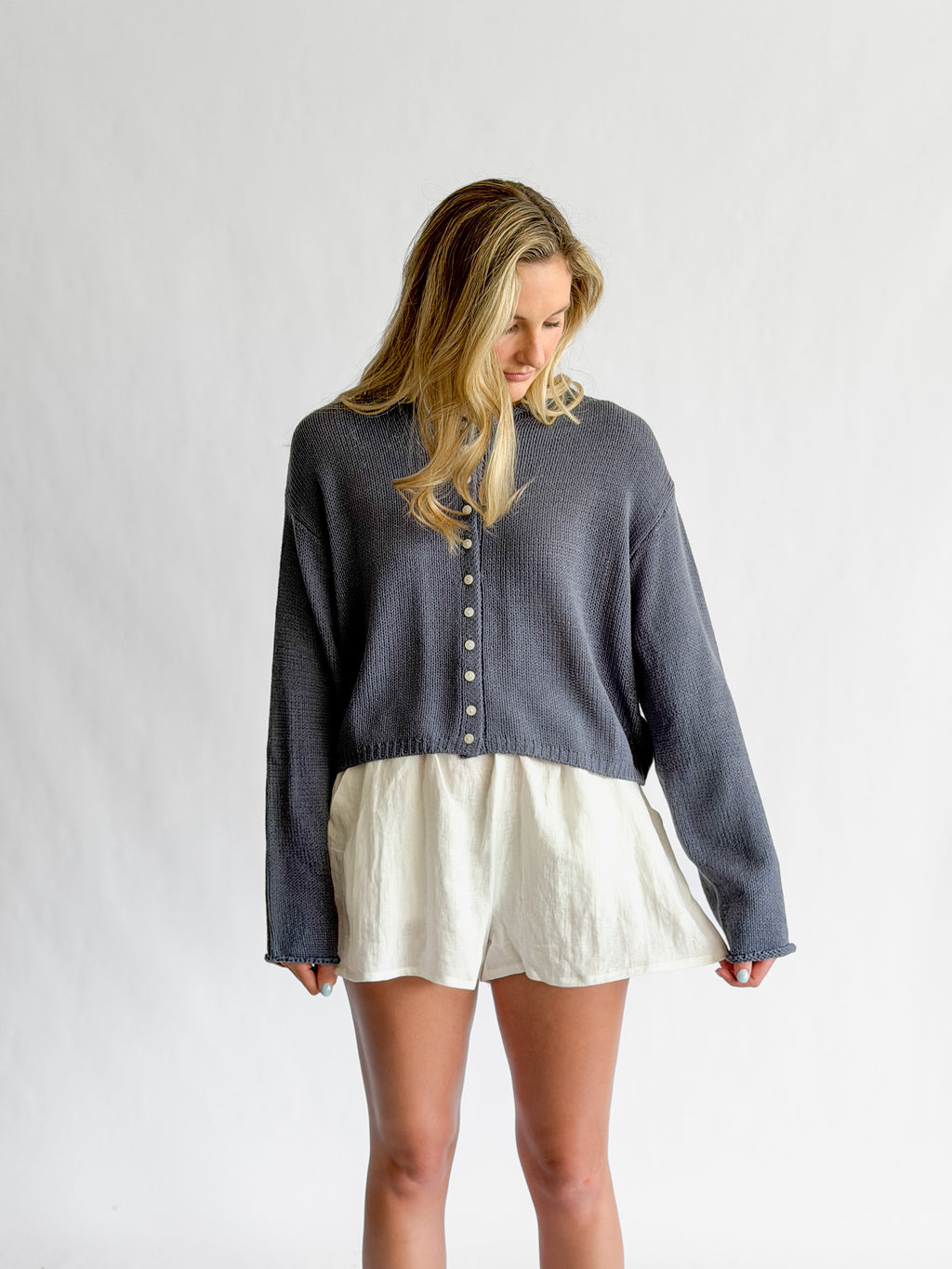 By Together Venus White Woven Linen Shorts
