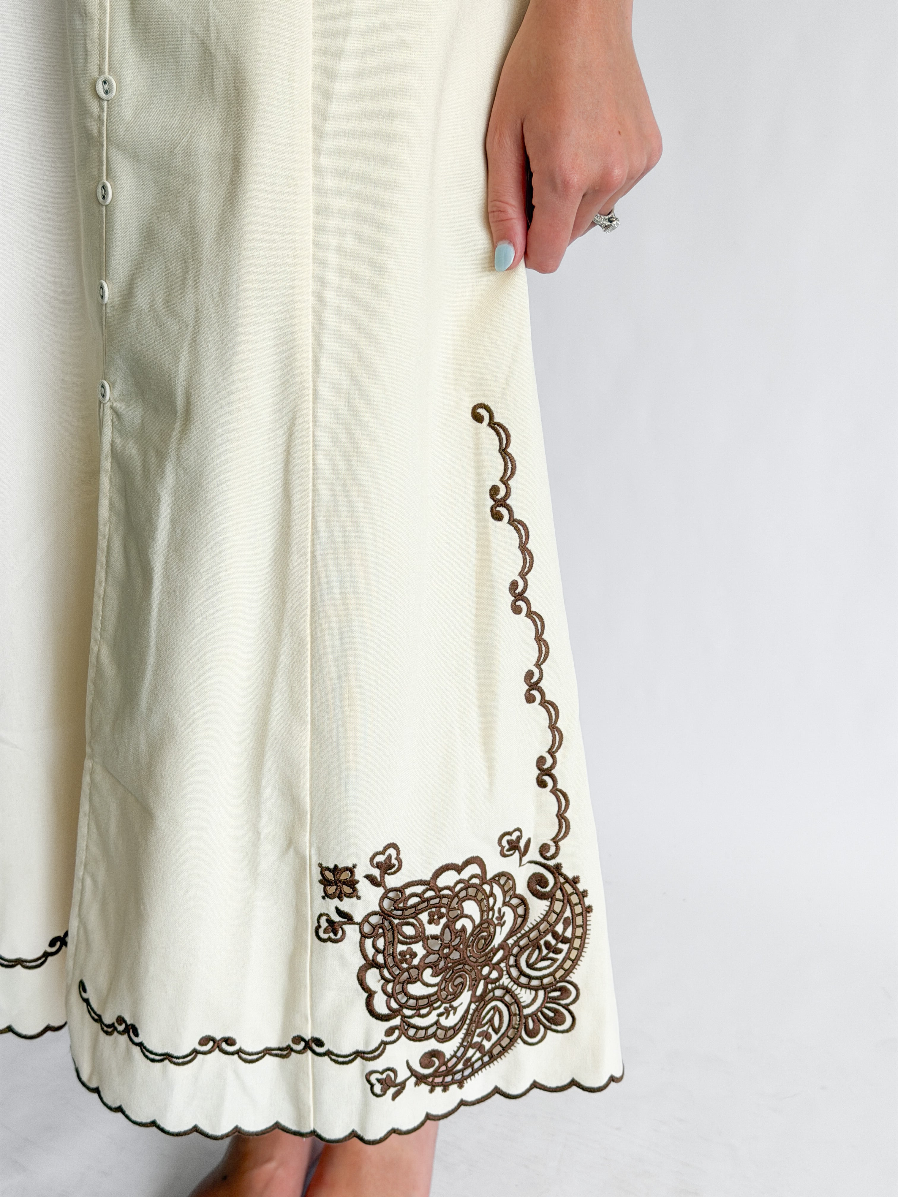 Vanessa Cream Embroidery Detail Button Down Midi Dress
