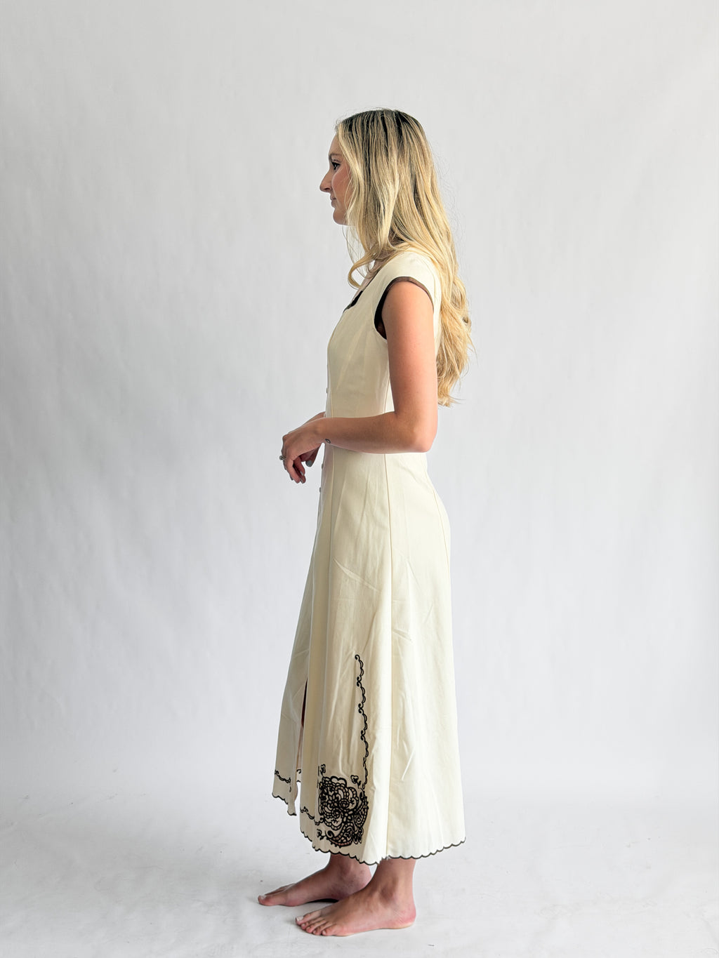 Vanessa Cream Embroidery Detail Button Down Midi Dress