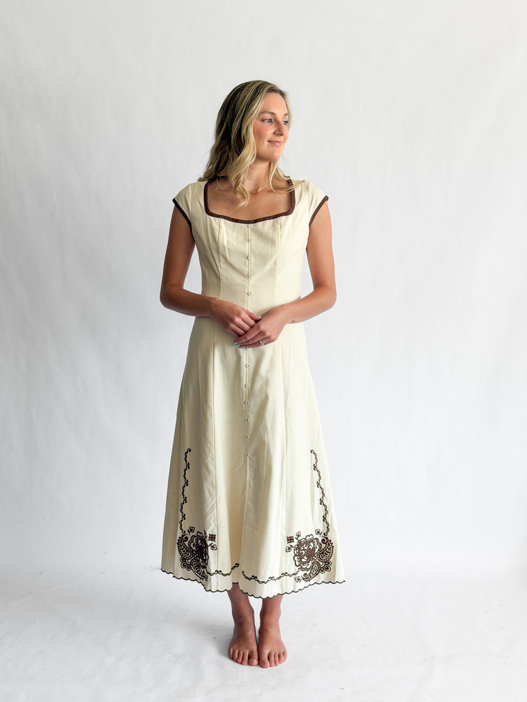 Vanessa Cream Embroidery Detail Button Down Midi Dress