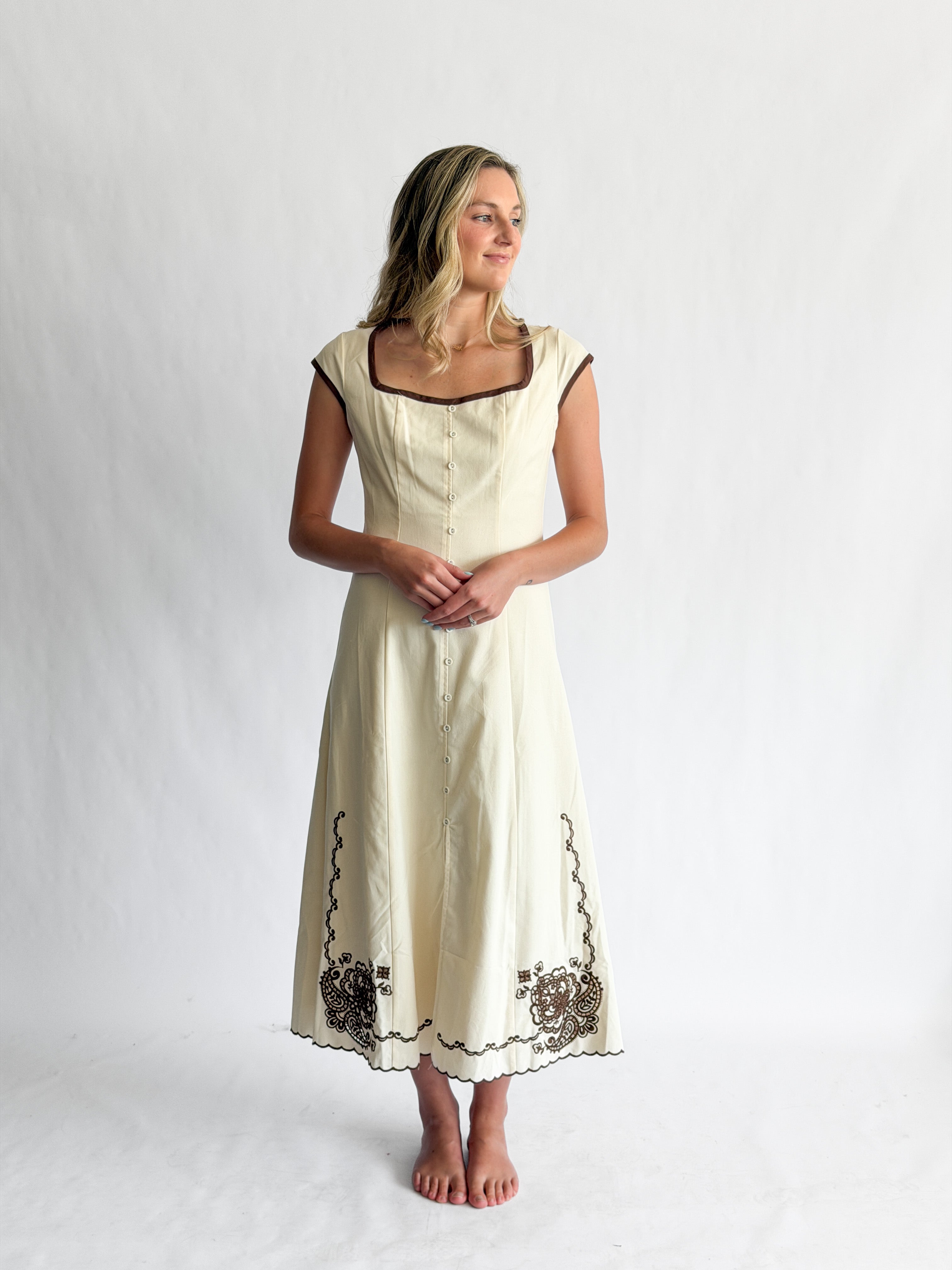 Vanessa Cream Embroidery Detail Button Down Midi Dress