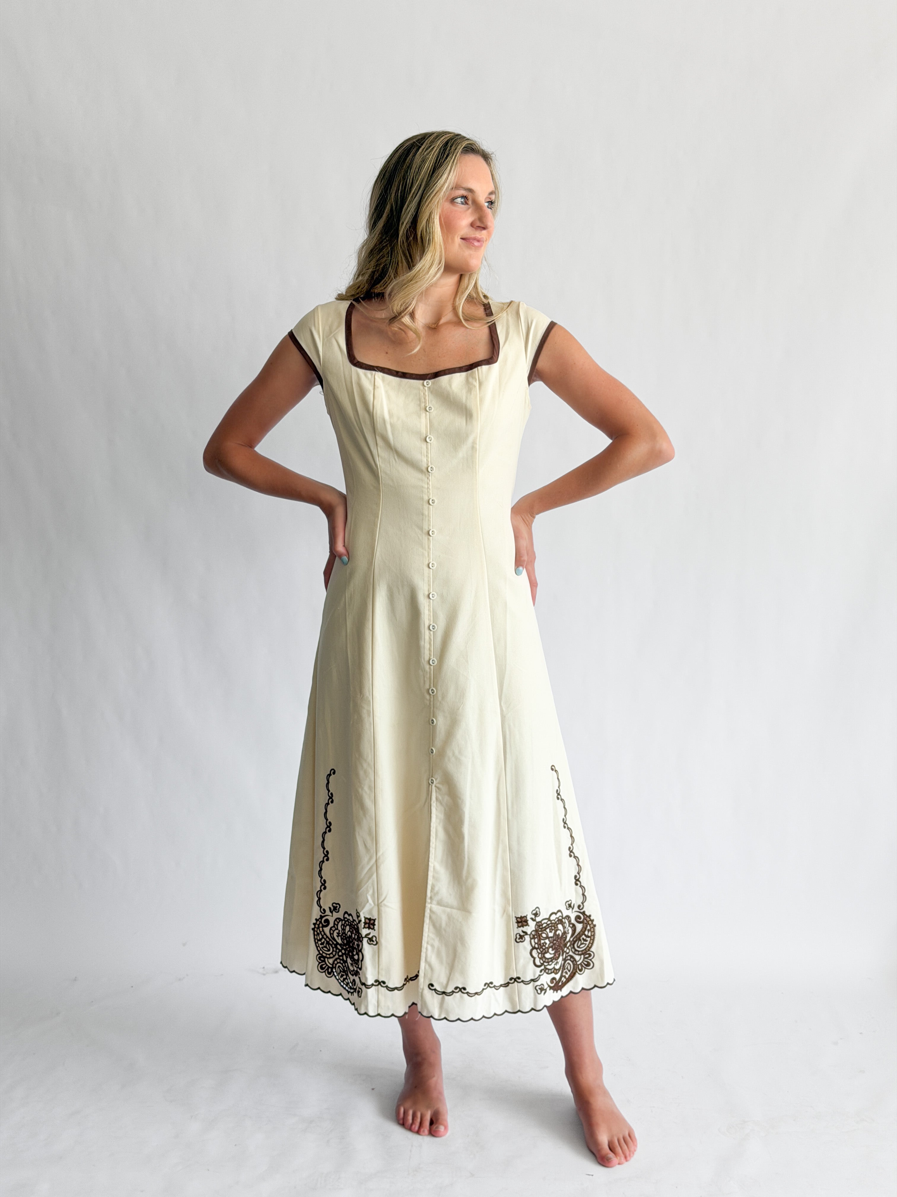 Vanessa Cream Embroidery Detail Button Down Midi Dress