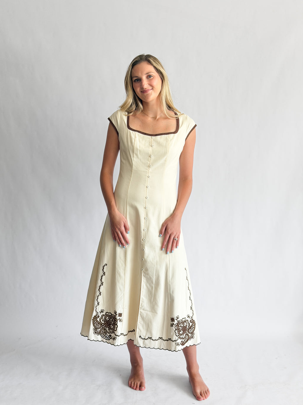 Vanessa Cream Embroidery Detail Button Down Midi Dress