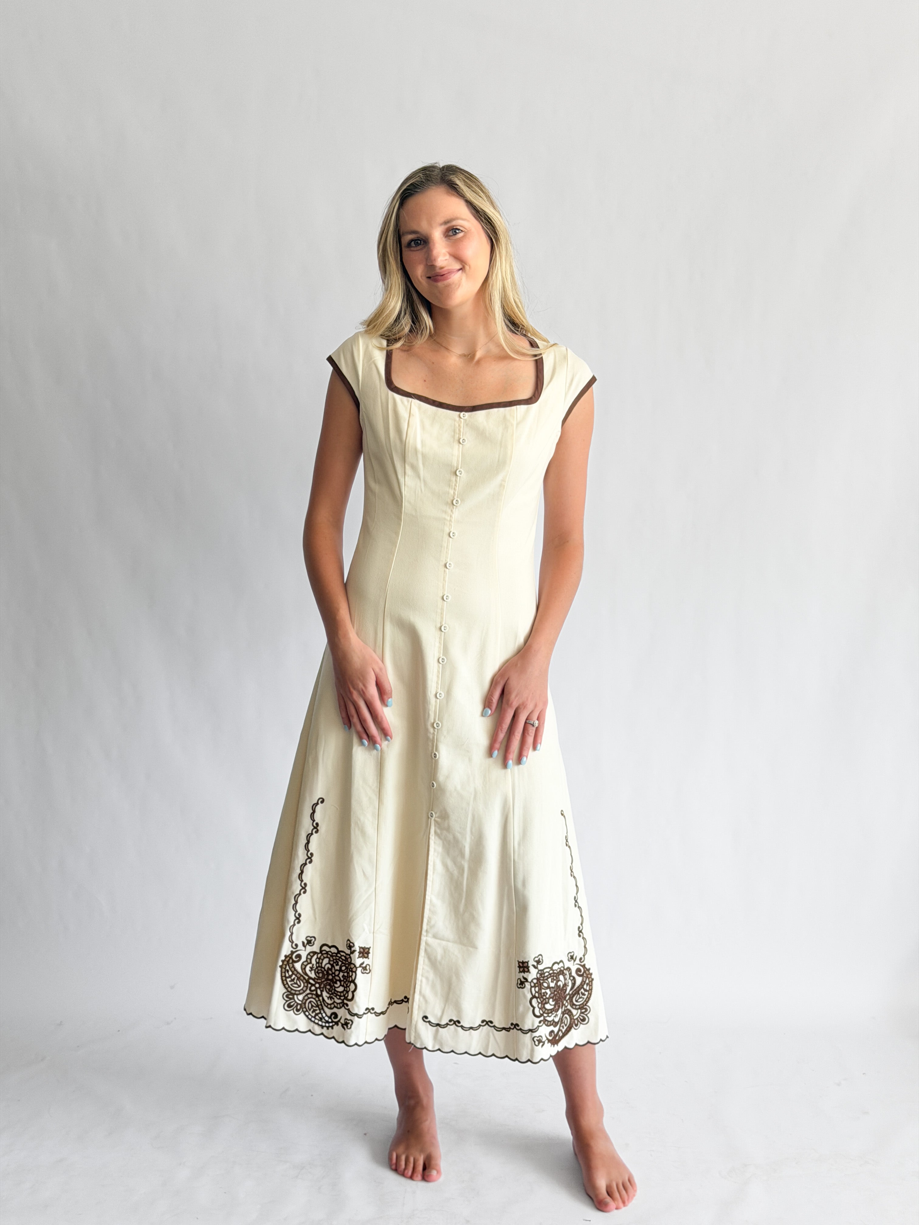 Vanessa Cream Embroidery Detail Button Down Midi Dress