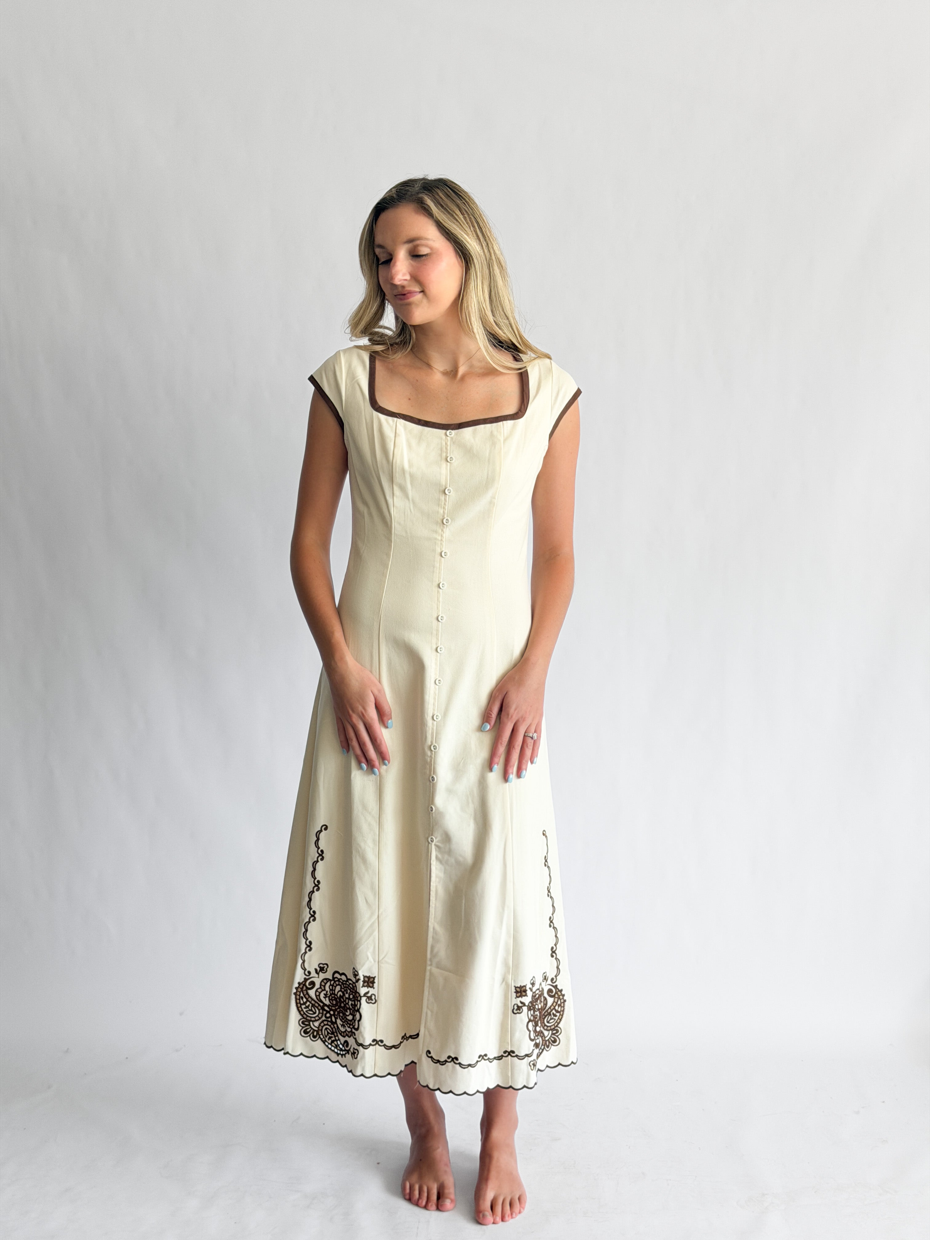 Vanessa Cream Embroidery Detail Button Down Midi Dress