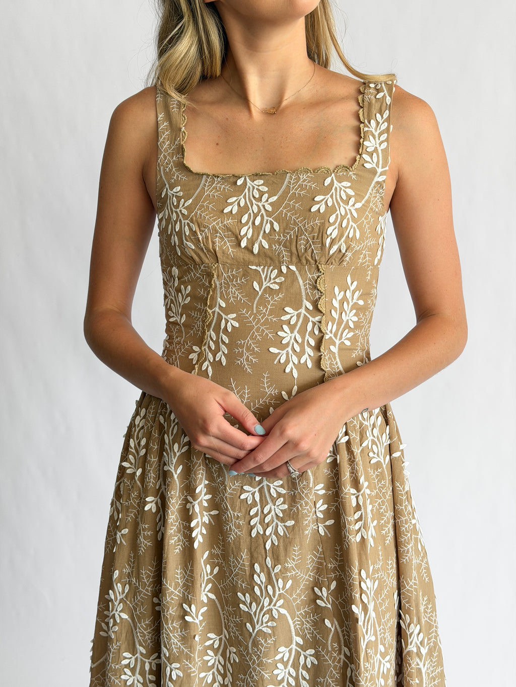 Ulissa Khaki Floral Embroidered Appliqué Corset Midi Dress