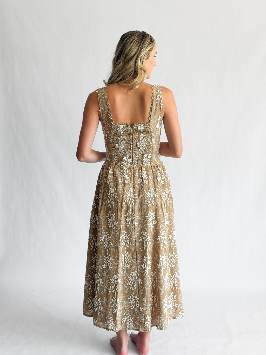 Ulissa Khaki Floral Embroidered Appliqué Corset Midi Dress