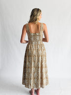Ulissa Khaki Floral Embroidered Appliqué Corset Midi Dress