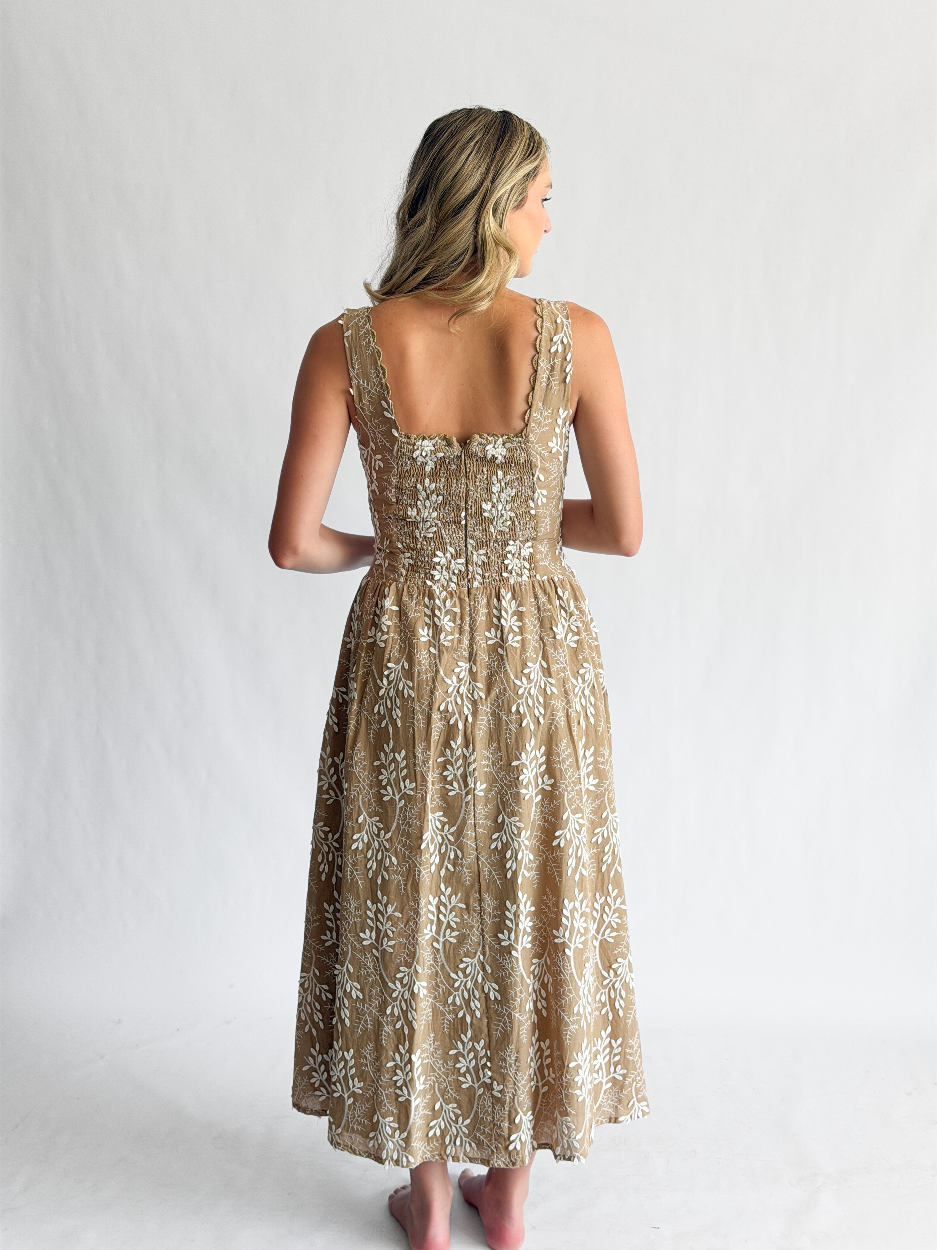 Ulissa Khaki Floral Embroidered Appliqué Corset Midi Dress