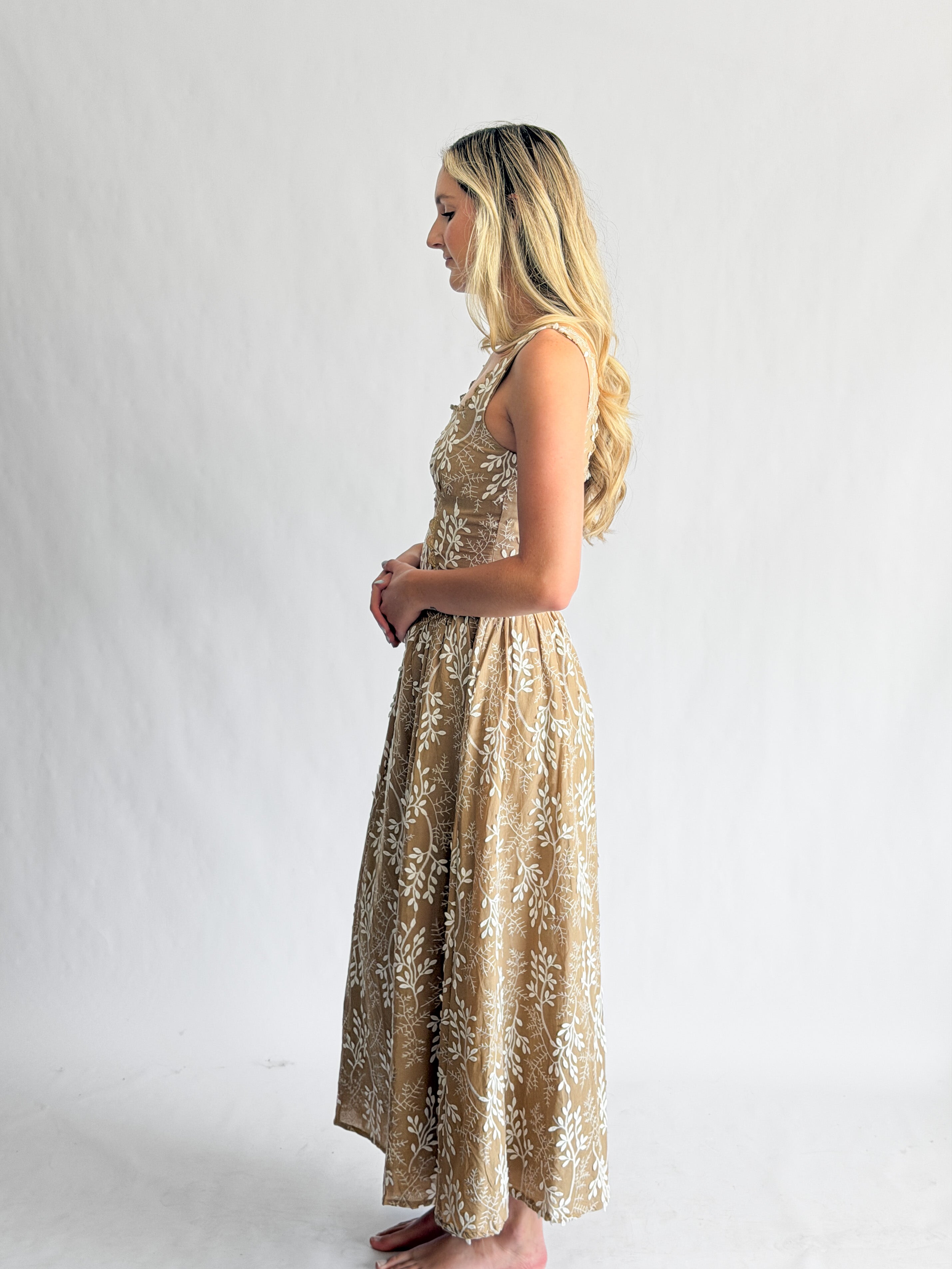 Ulissa Khaki Floral Embroidered Appliqué Corset Midi Dress
