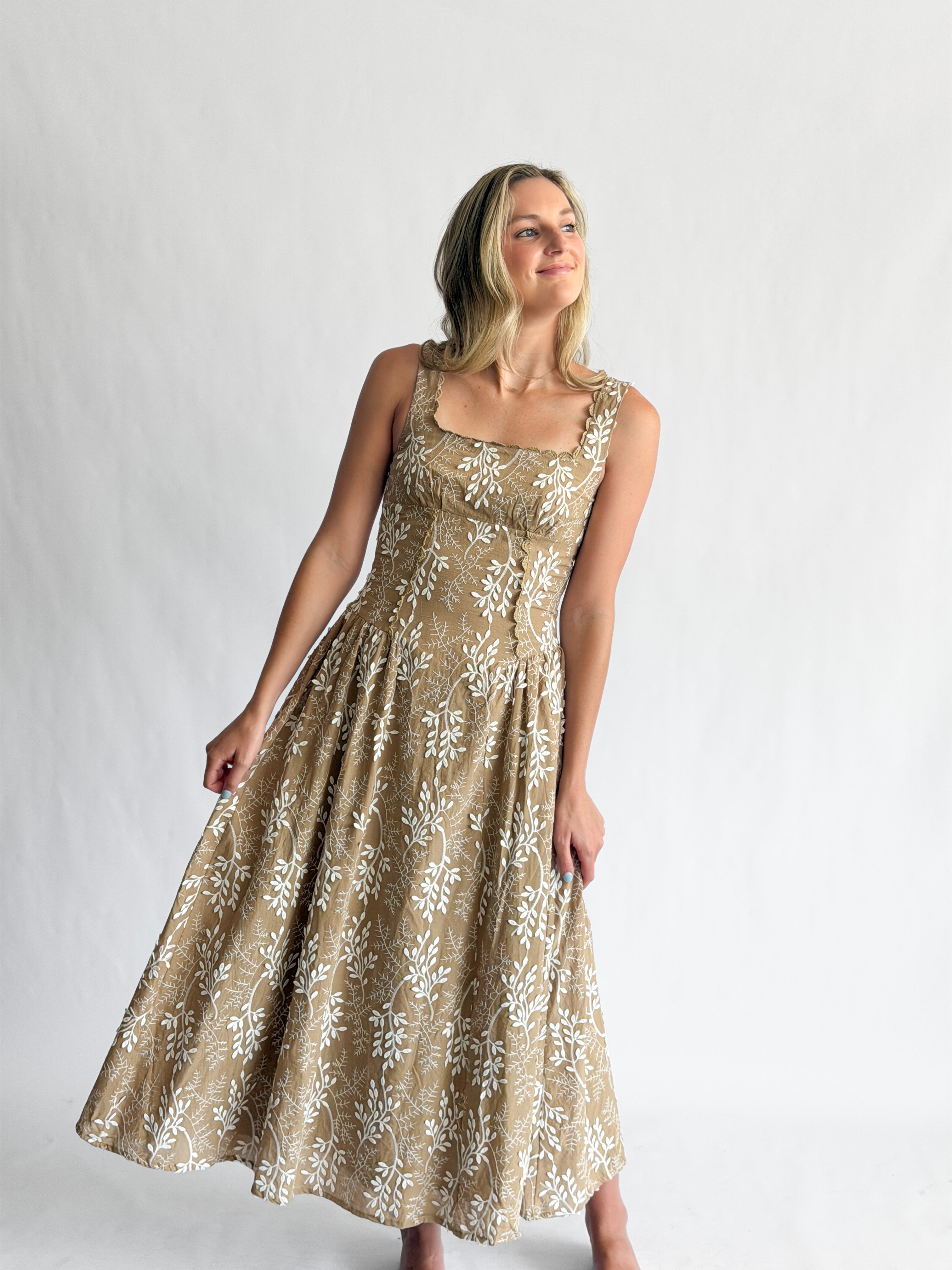 Ulissa Khaki Floral Embroidered Appliqué Corset Midi Dress