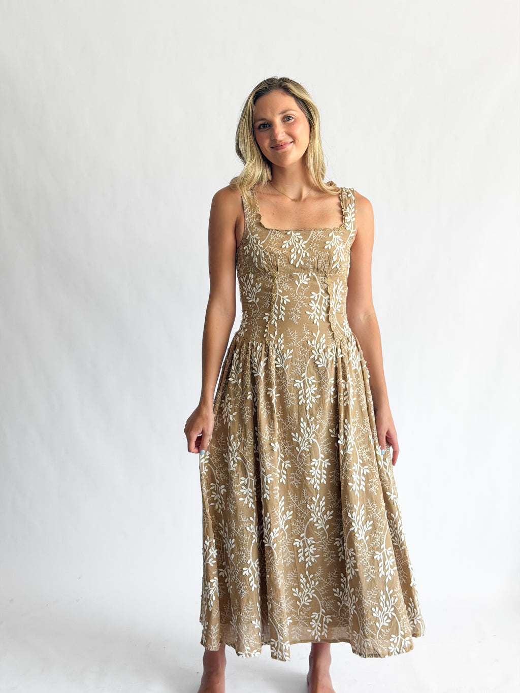 Ulissa Khaki Floral Embroidered Appliqué Corset Midi Dress