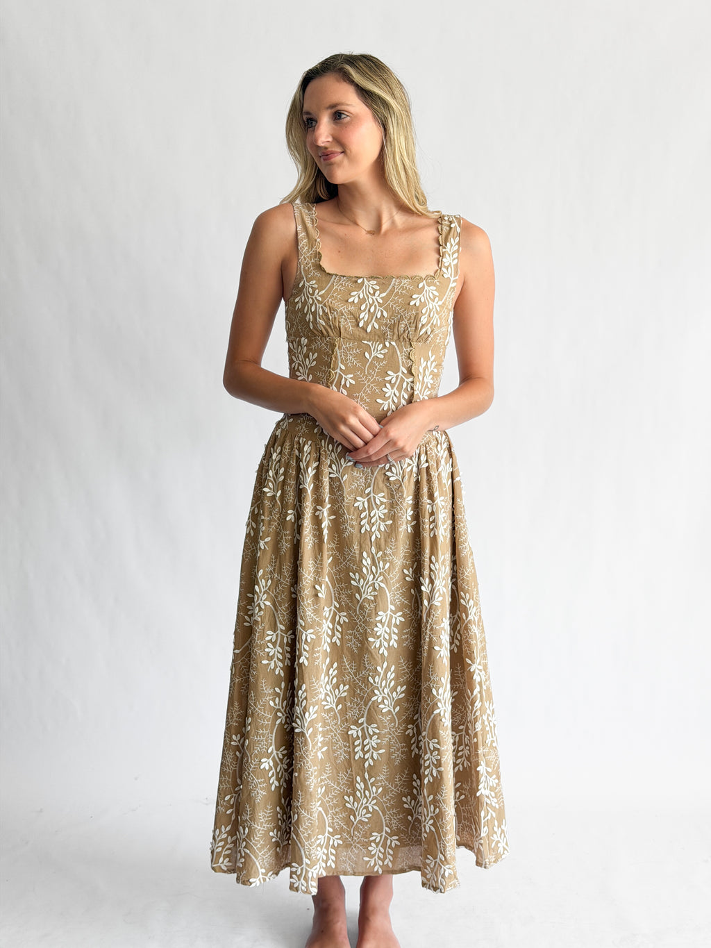 Ulissa Khaki Floral Embroidered Appliqué Corset Midi Dress