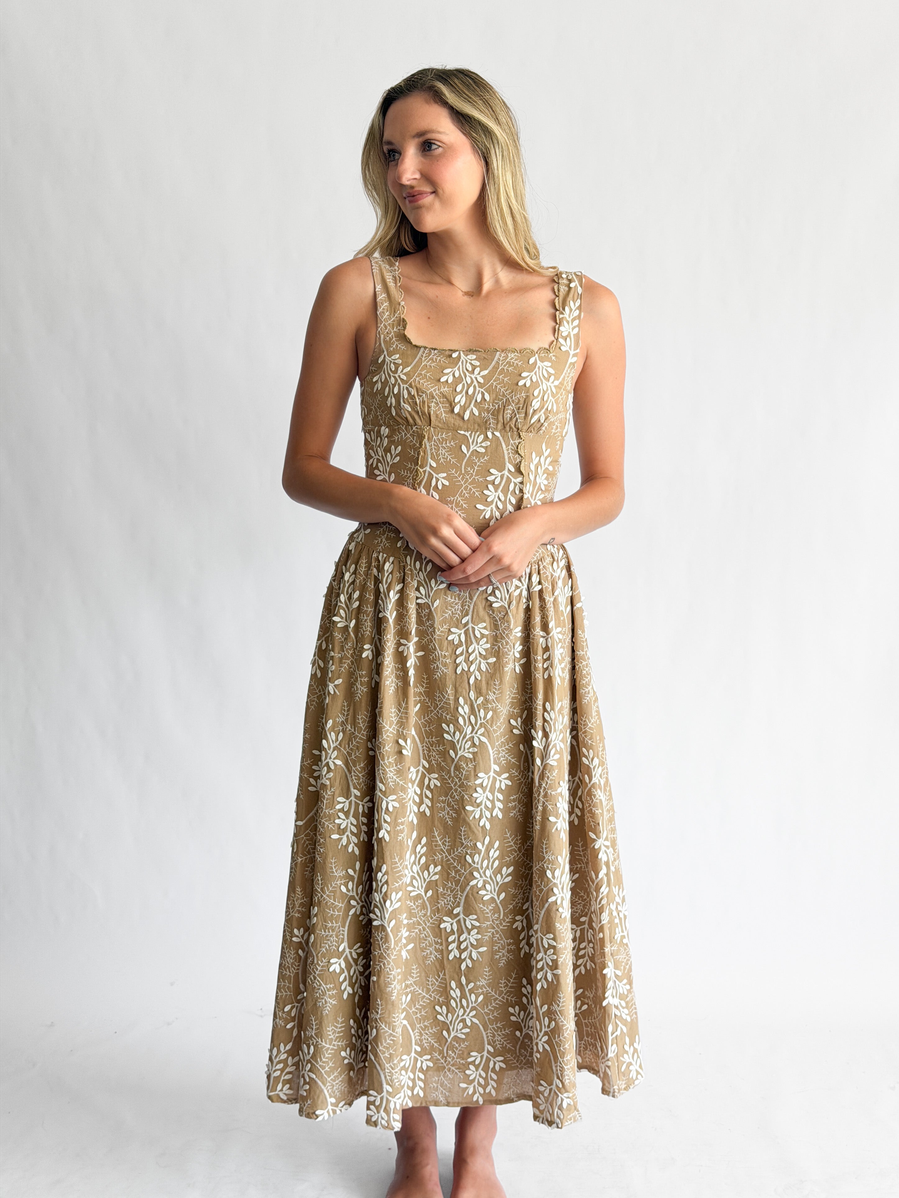 Ulissa Khaki Floral Embroidered Appliqué Corset Midi Dress