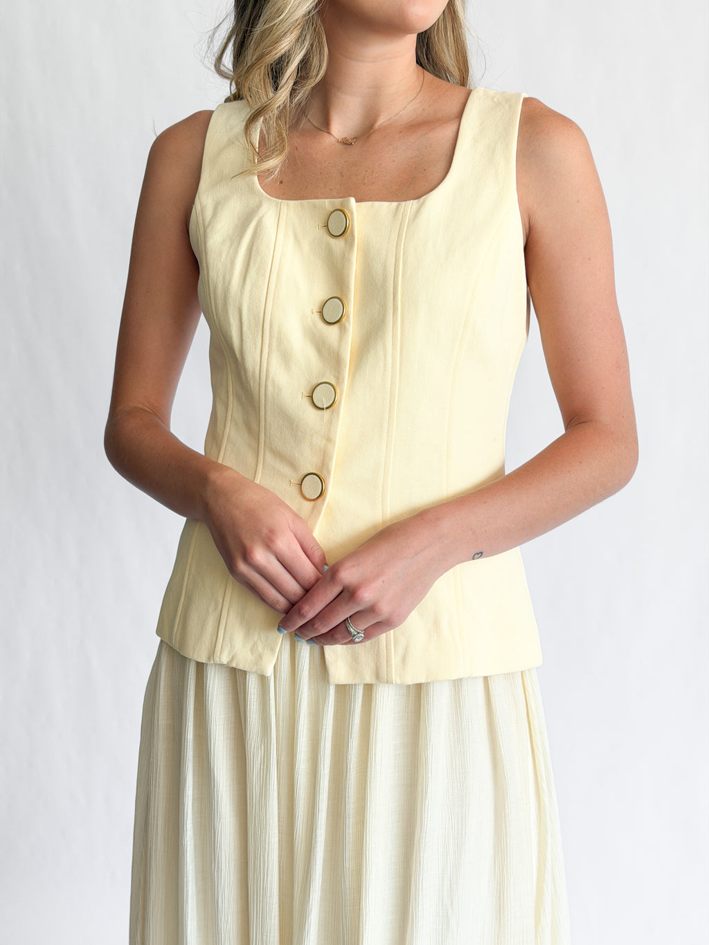 Ursula Butter Yellow Button Vest Mixed Media Maxi Dress