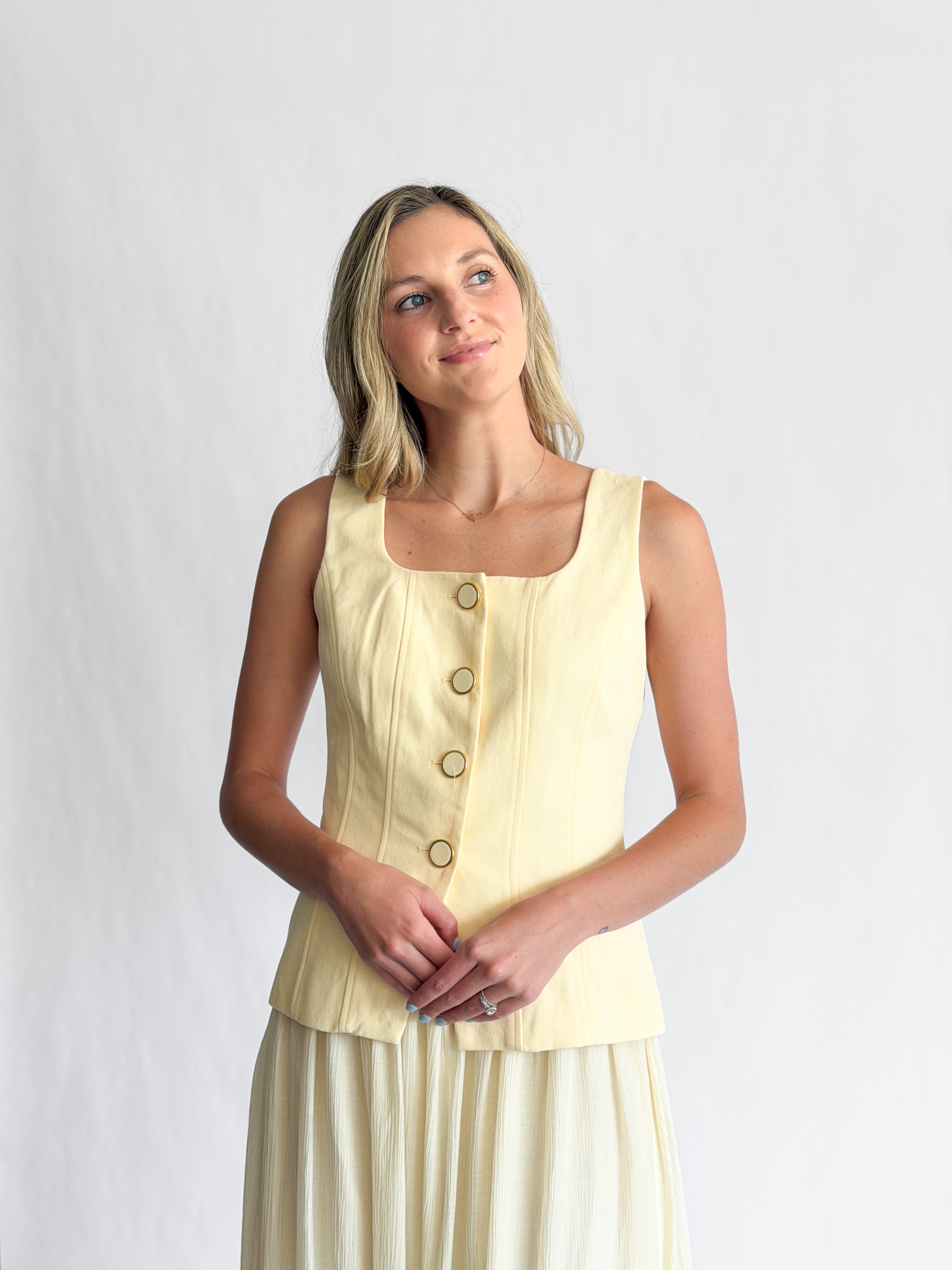 Ursula Butter Yellow Button Vest Mixed Media Maxi Dress