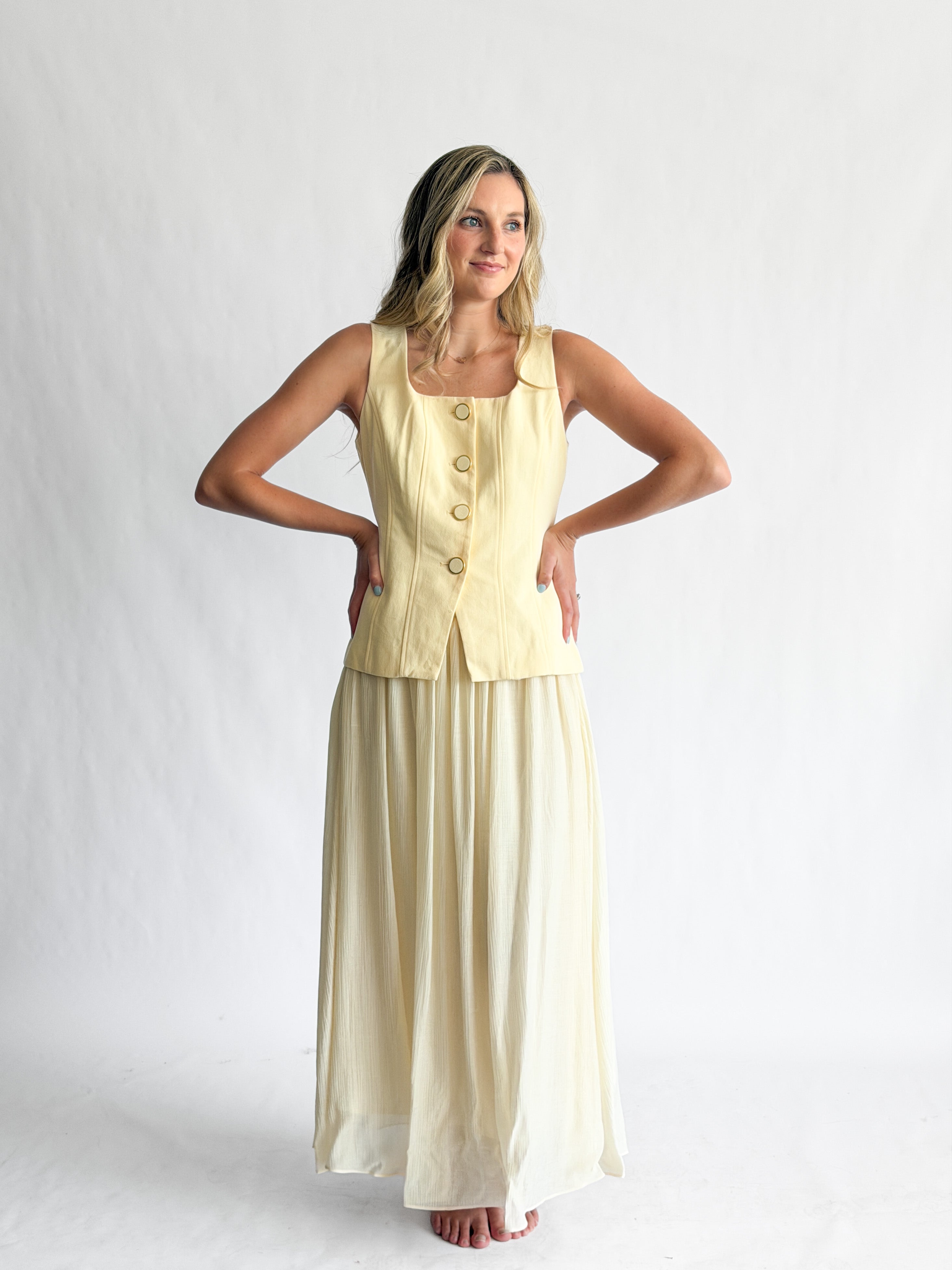 Ursula Butter Yellow Button Vest Mixed Media Maxi Dress