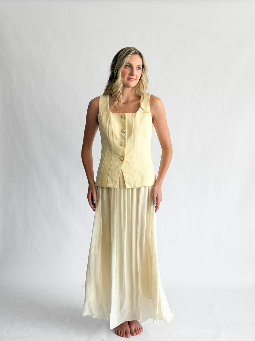 Ursula Butter Yellow Button Vest Mixed Media Maxi Dress