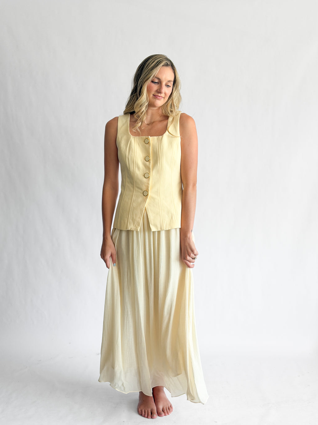 Ursula Butter Yellow Button Vest Mixed Media Maxi Dress