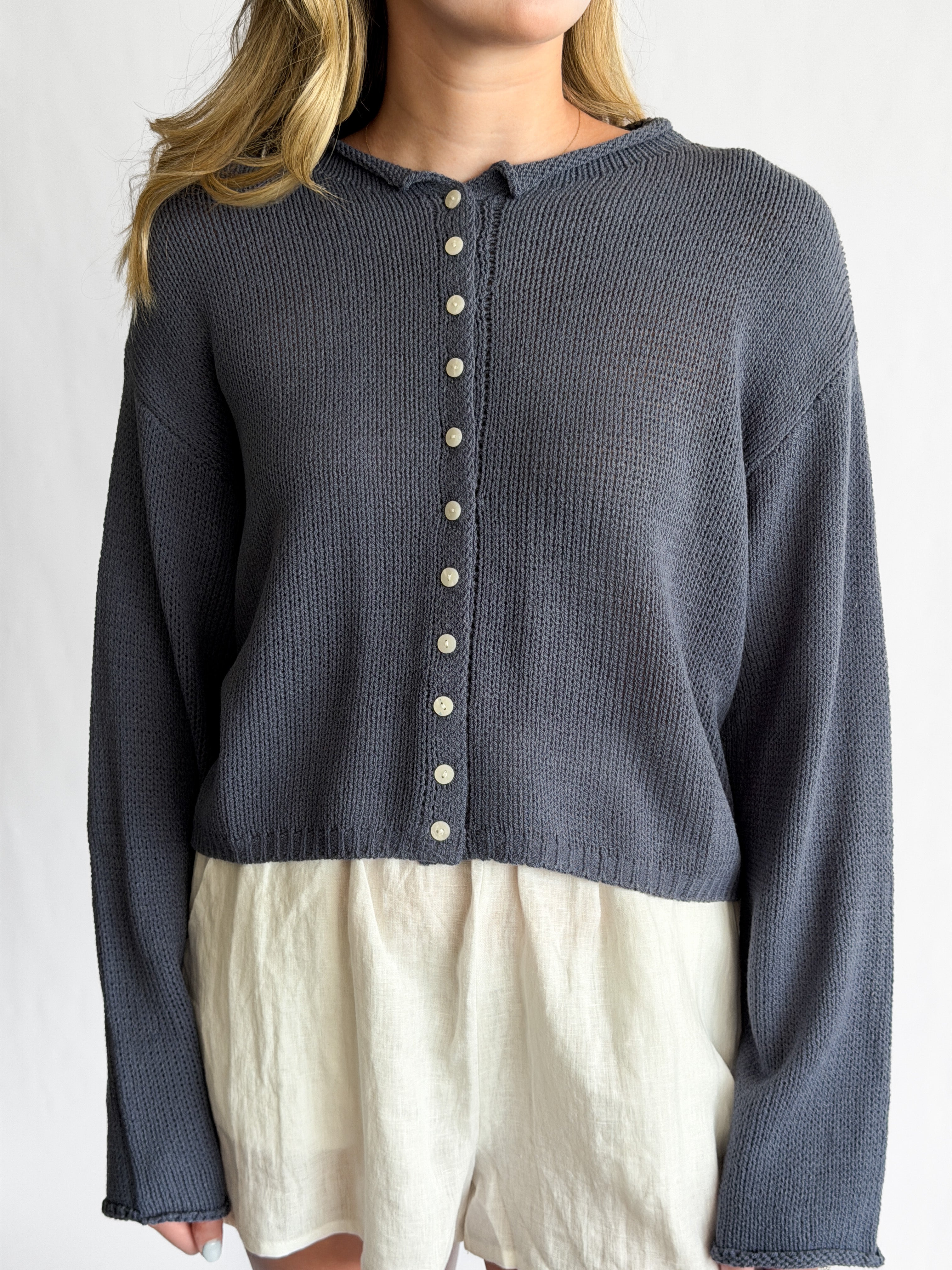 Miou Muse Wyatt Dusty Blue Woven Knit Buttoned Cardigan – Momni