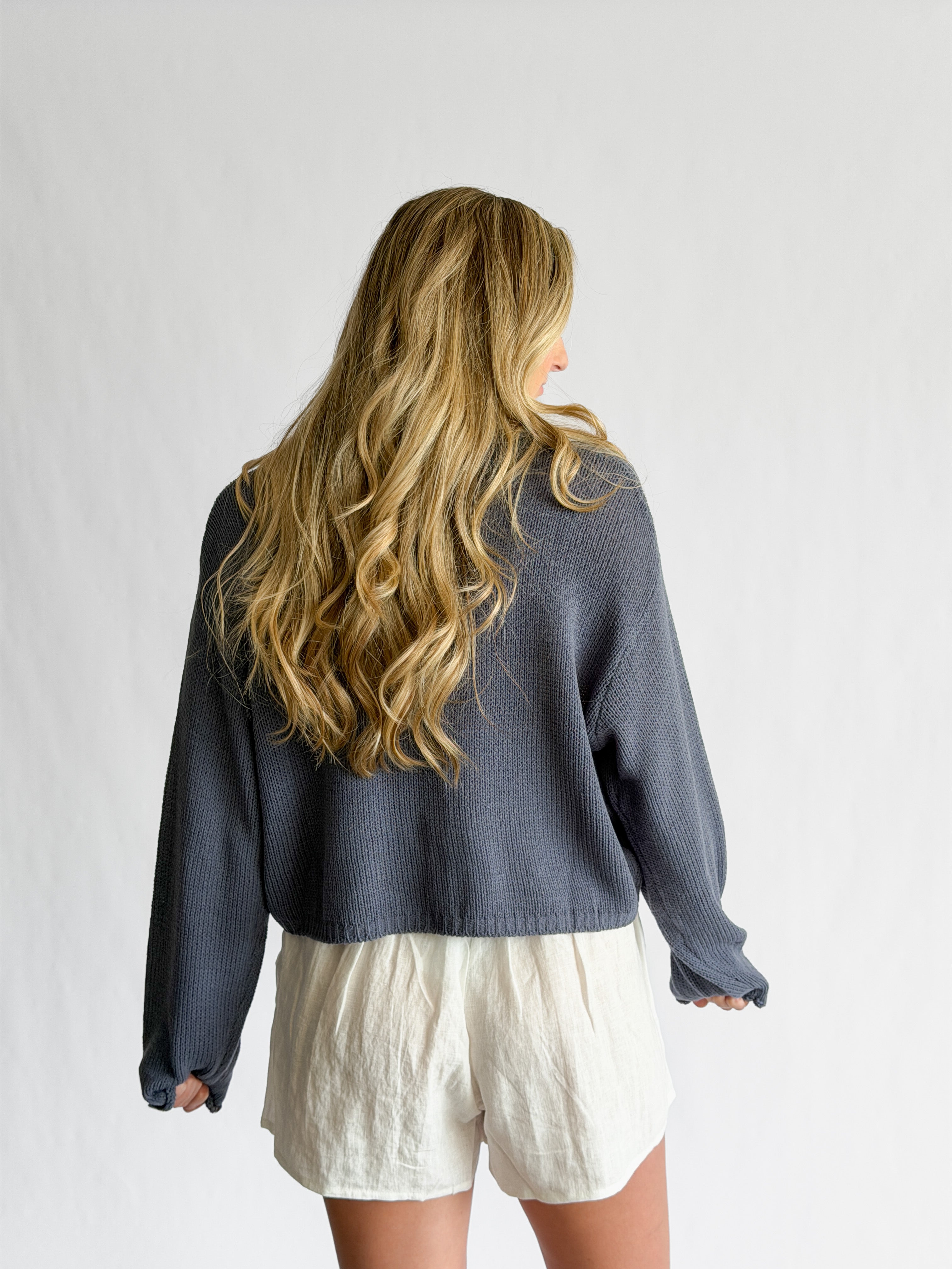 Miou Muse Wyatt Dusty Blue Woven Knit Buttoned Cardigan