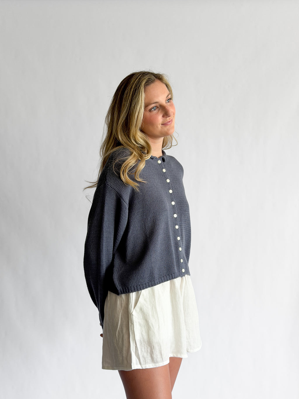 Miou Muse Wyatt Dusty Blue Woven Knit Buttoned Cardigan