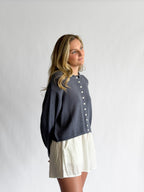 Miou Muse Wyatt Dusty Blue Woven Knit Buttoned Cardigan