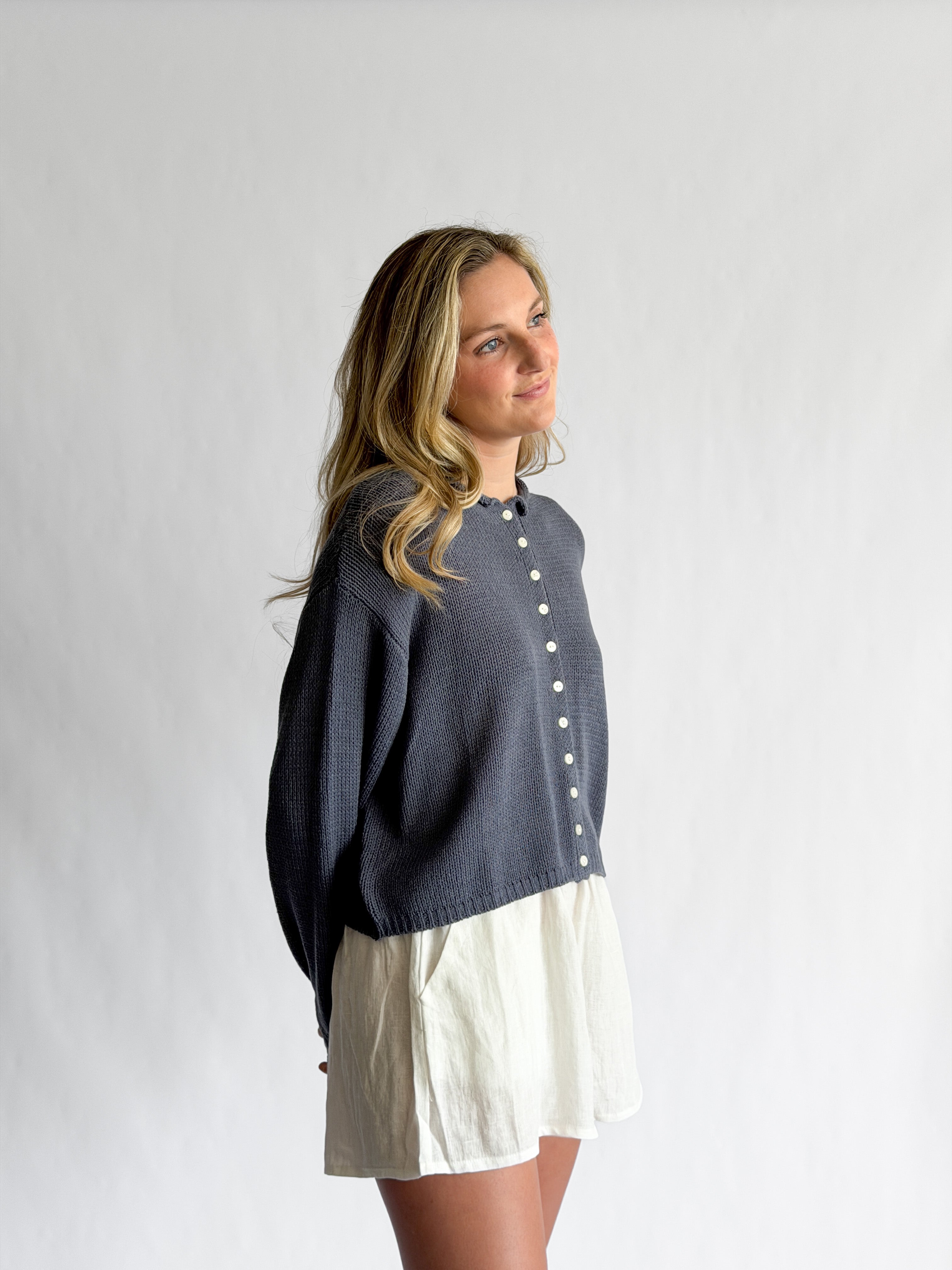 Miou Muse Wyatt Dusty Blue Woven Knit Buttoned Cardigan
