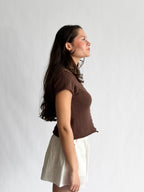 Willow Woven Knit Buttoned Short Sleeve Top (Brown)