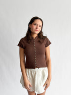 Willow Woven Knit Buttoned Short Sleeve Top (Brown)