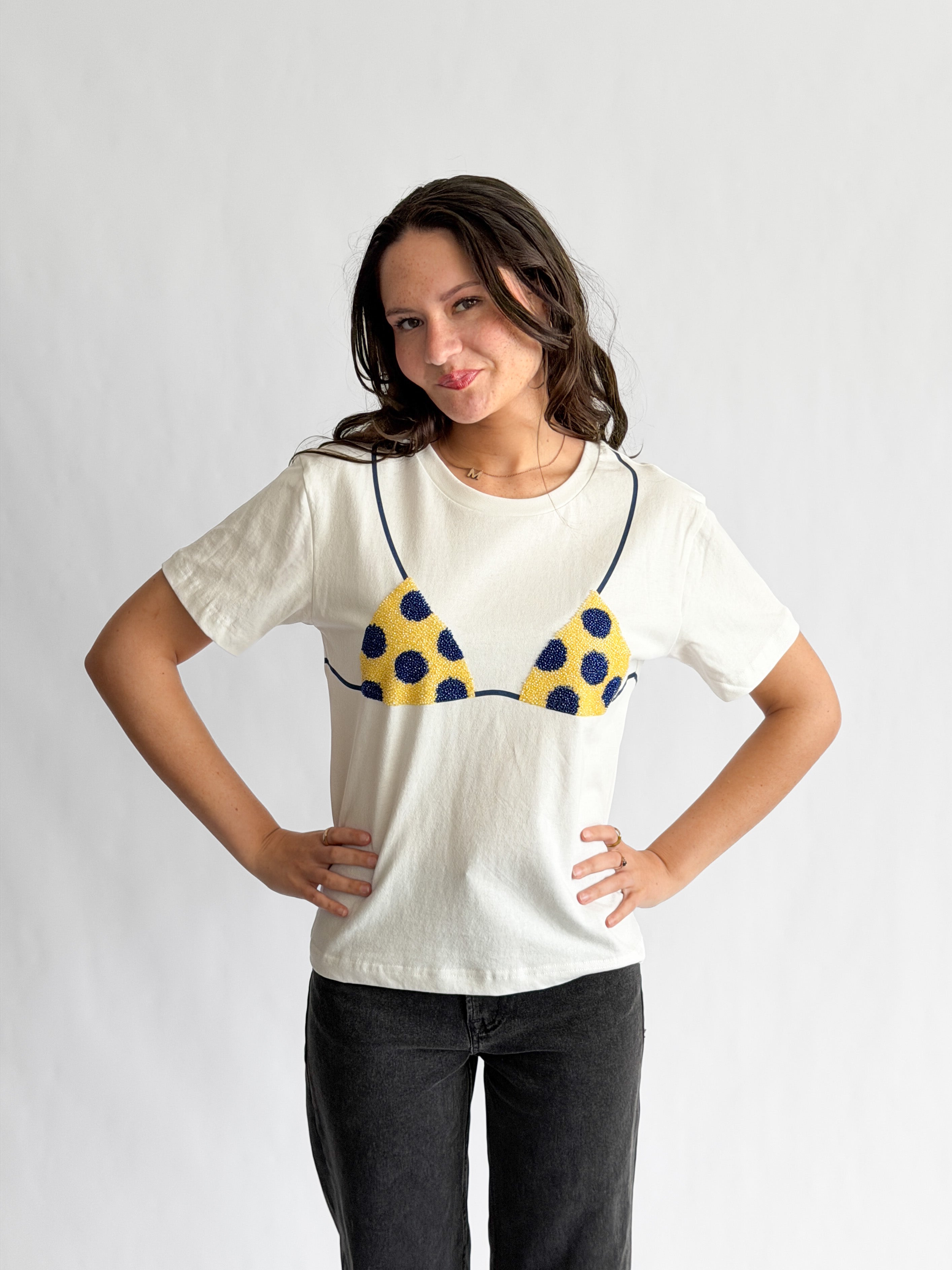 Tilly Beaded Bikini Cotton T-Shirt (Yellow/Blue Polka Dot)