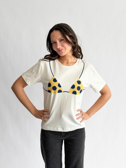Tilly Beaded Bikini Cotton T-Shirt (Yellow/Blue Polka Dot)