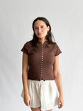 Willow Woven Knit Buttoned Short Sleeve Top (Brown)