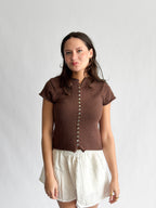 Willow Woven Knit Buttoned Short Sleeve Top (Brown)