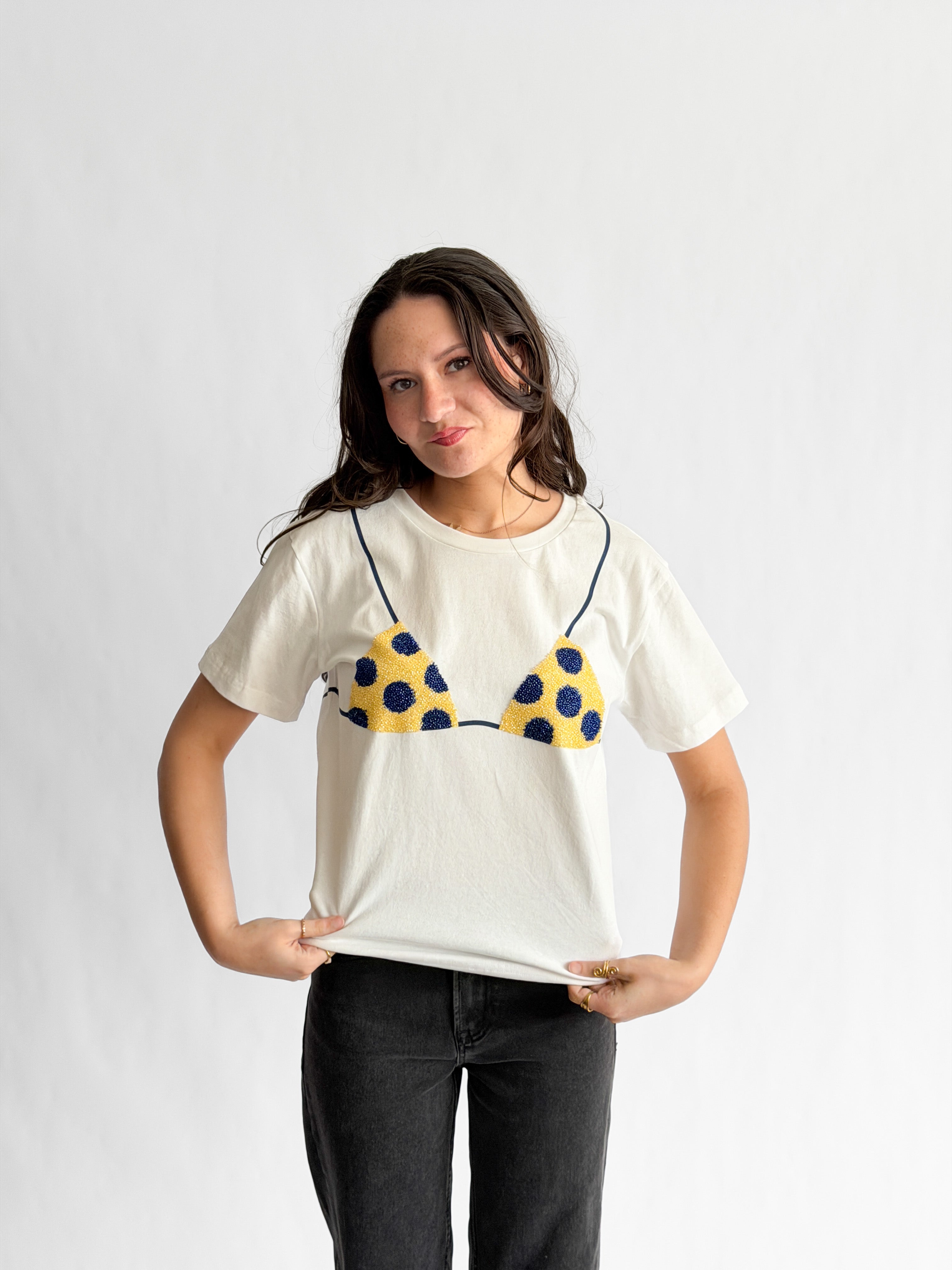 Tilly Beaded Bikini Cotton T-Shirt (Yellow/Blue Polka Dot)