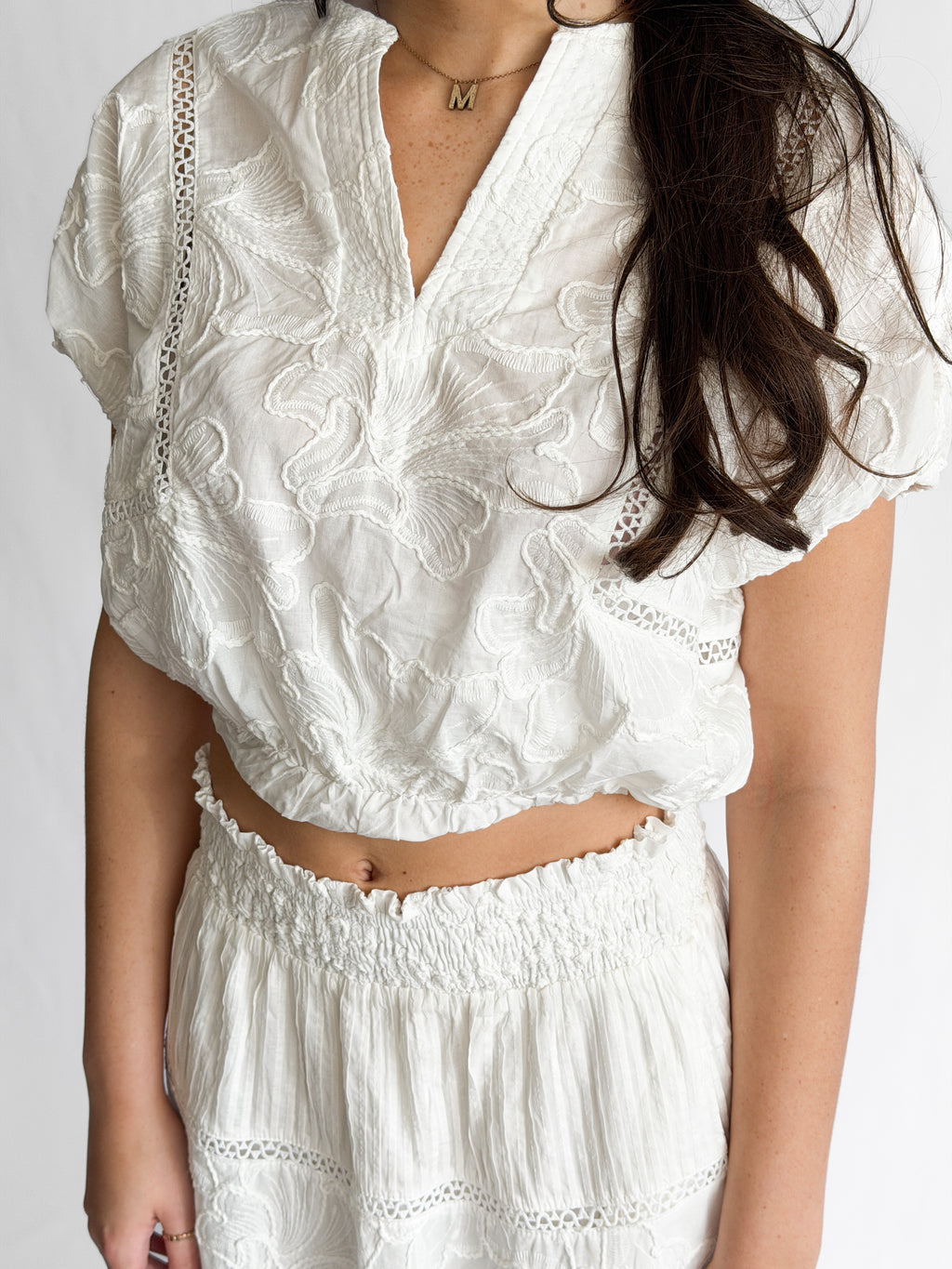 Winifred White Floral Embroidery Cropped Cotton Top