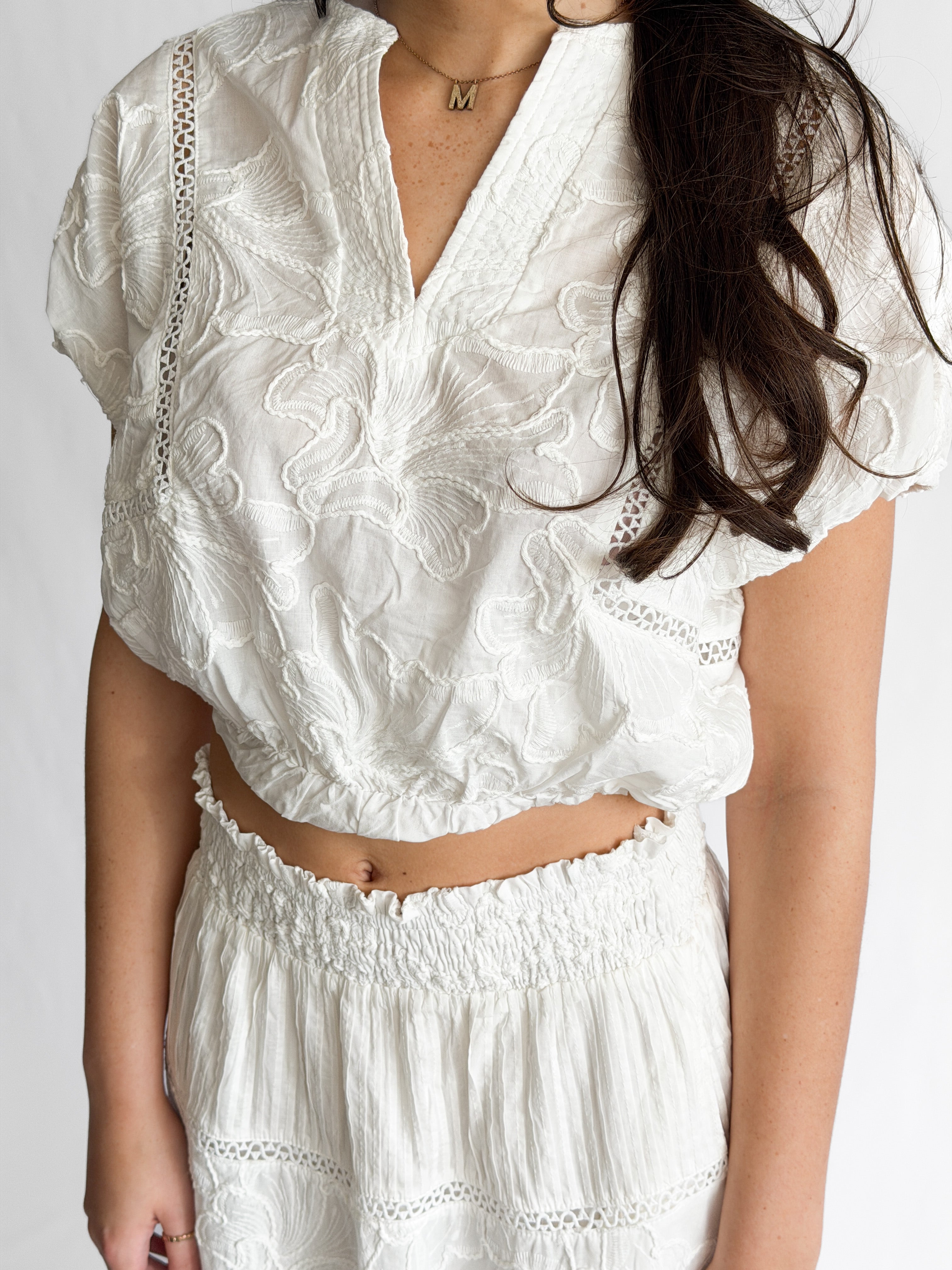 Winifred White Floral Embroidery Cropped Cotton Top