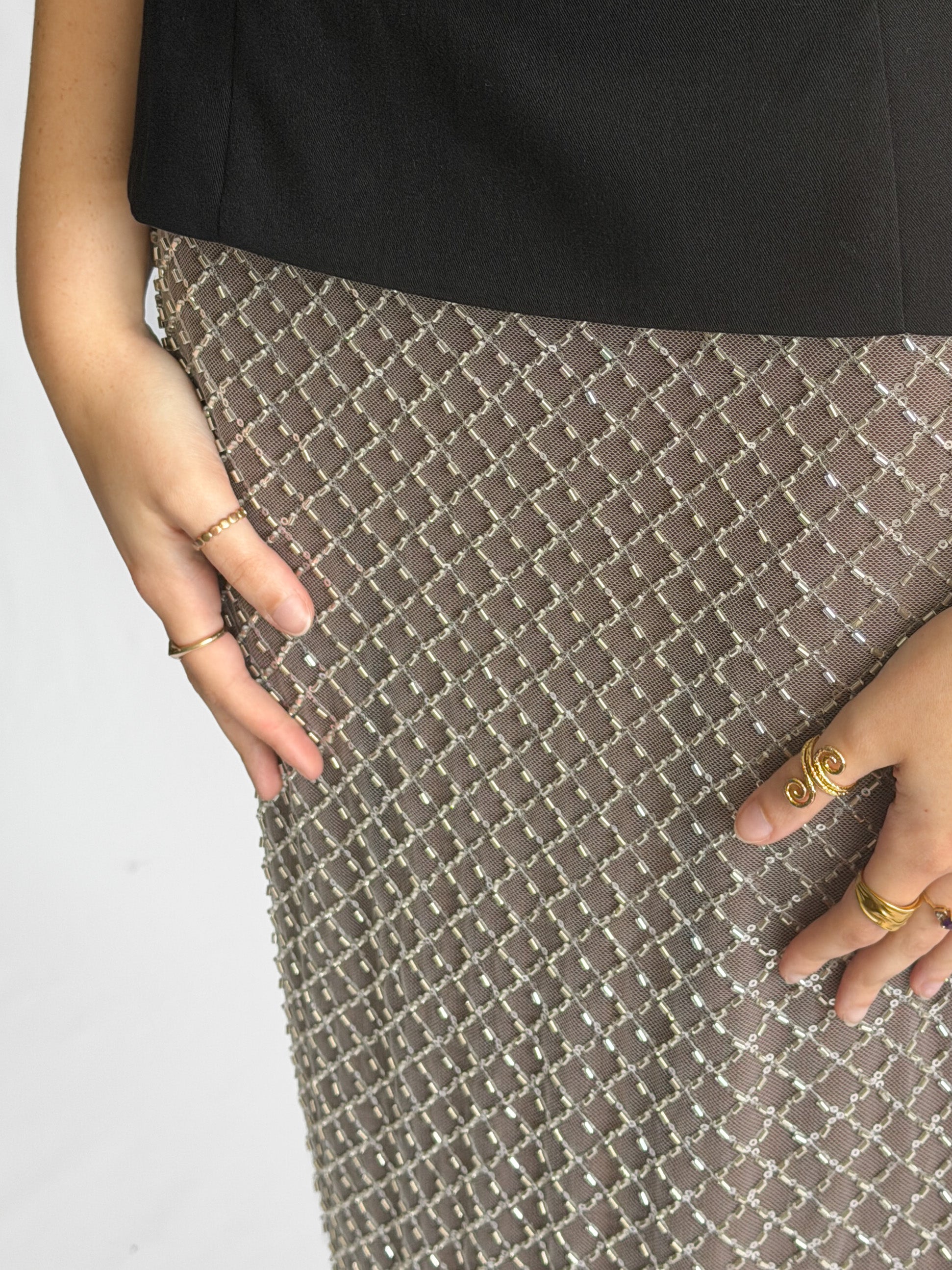 Whitney Taupe Beaded Mesh Back Slit Midi Skirt