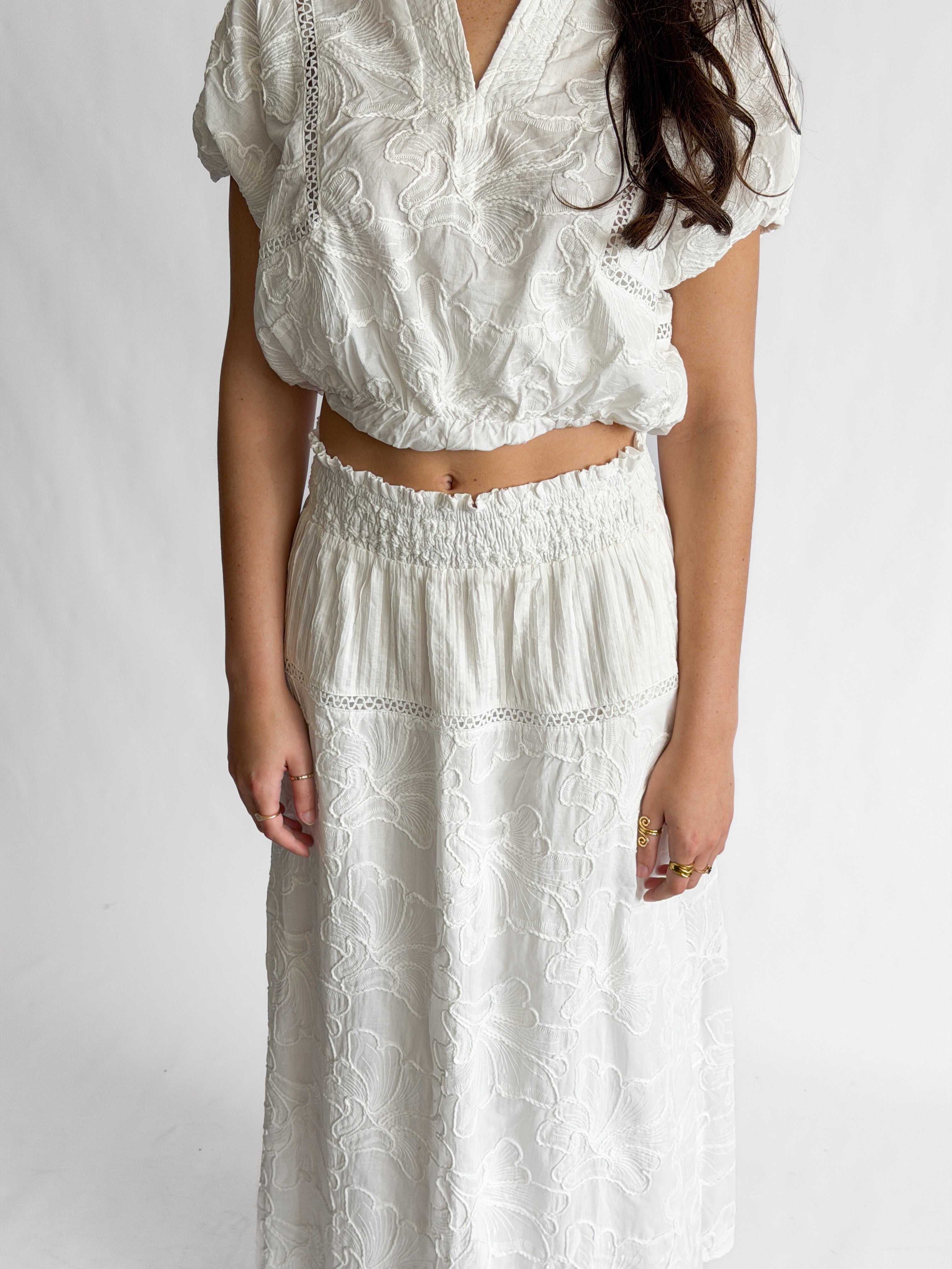 Winifred White Floral Embroidery Cotton Midi Skirt