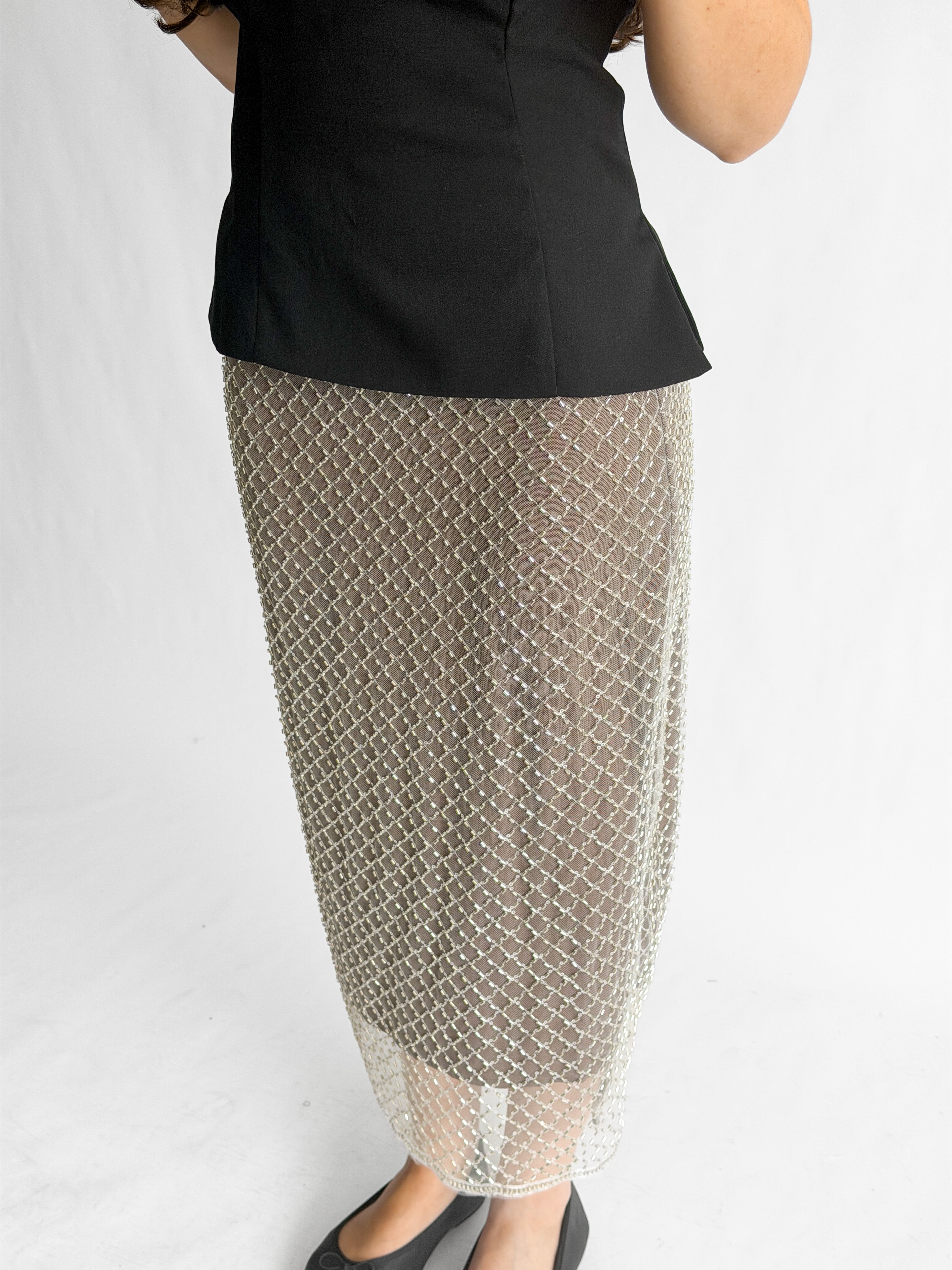 Whitney Taupe Beaded Mesh Back Slit Midi Skirt