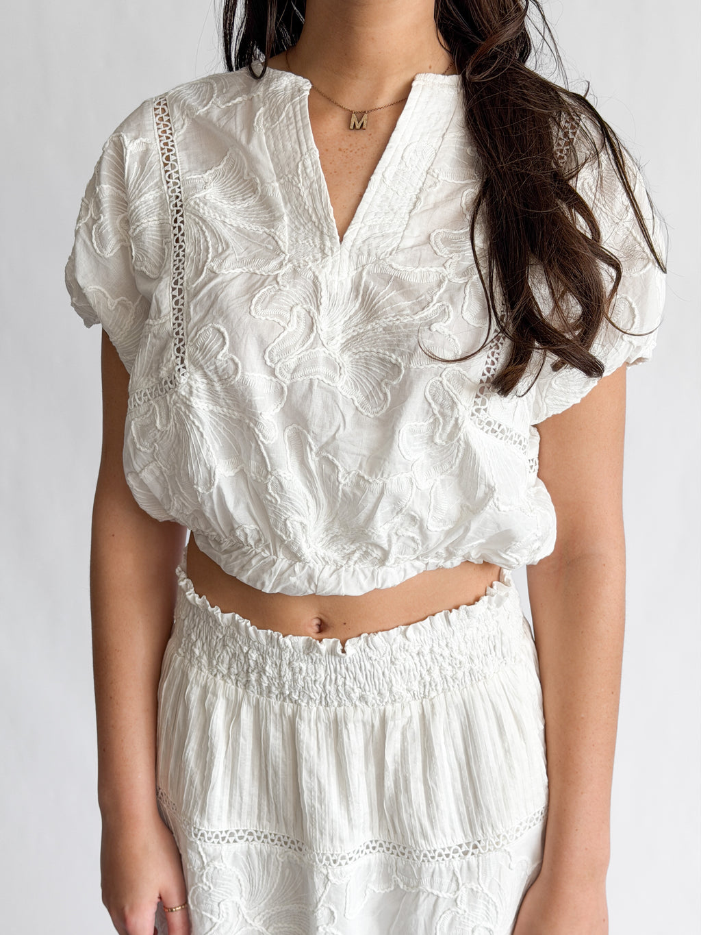 Winifred White Floral Embroidery Cropped Cotton Top