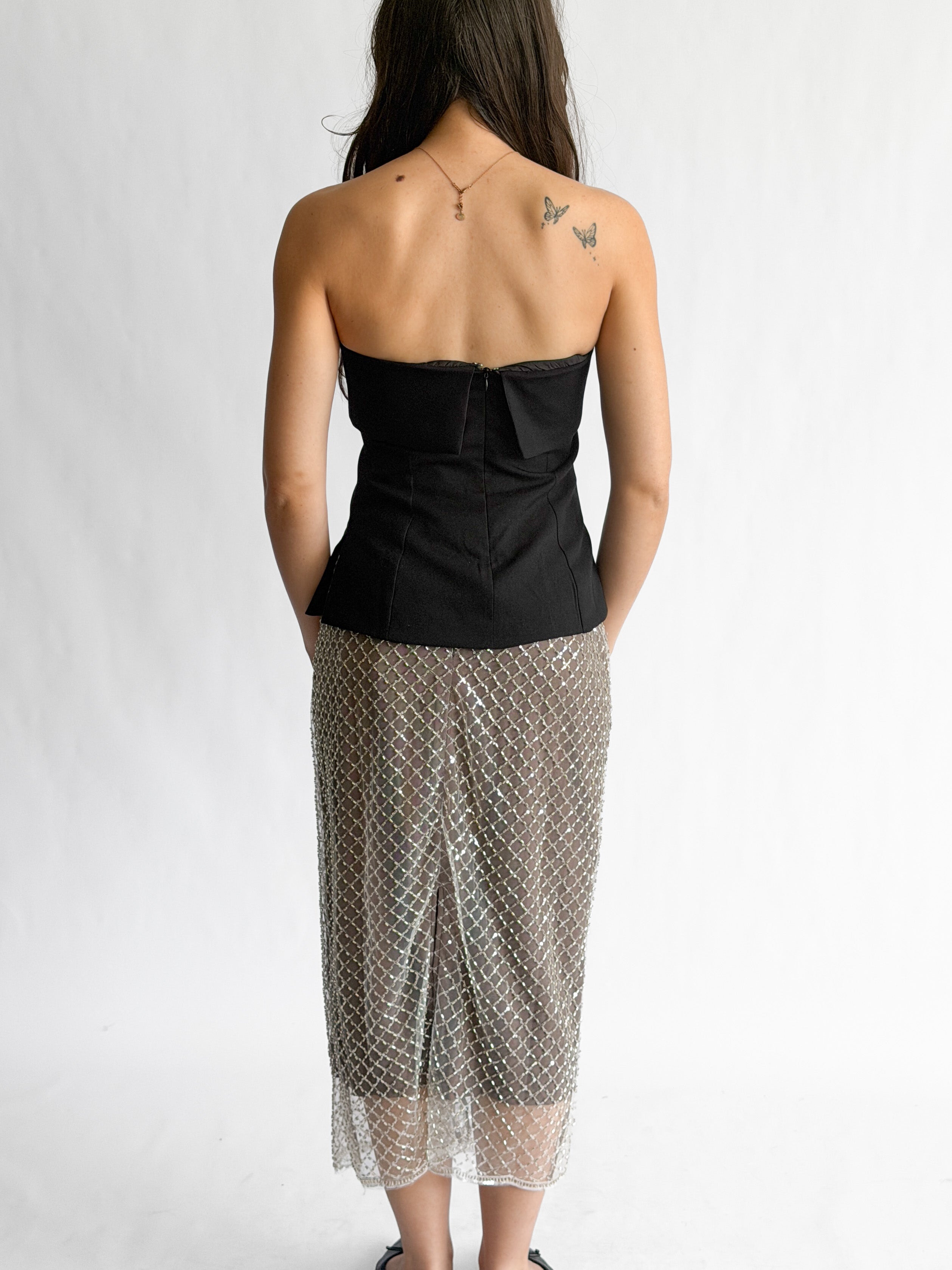 Whitney Taupe Beaded Mesh Back Slit Midi Skirt
