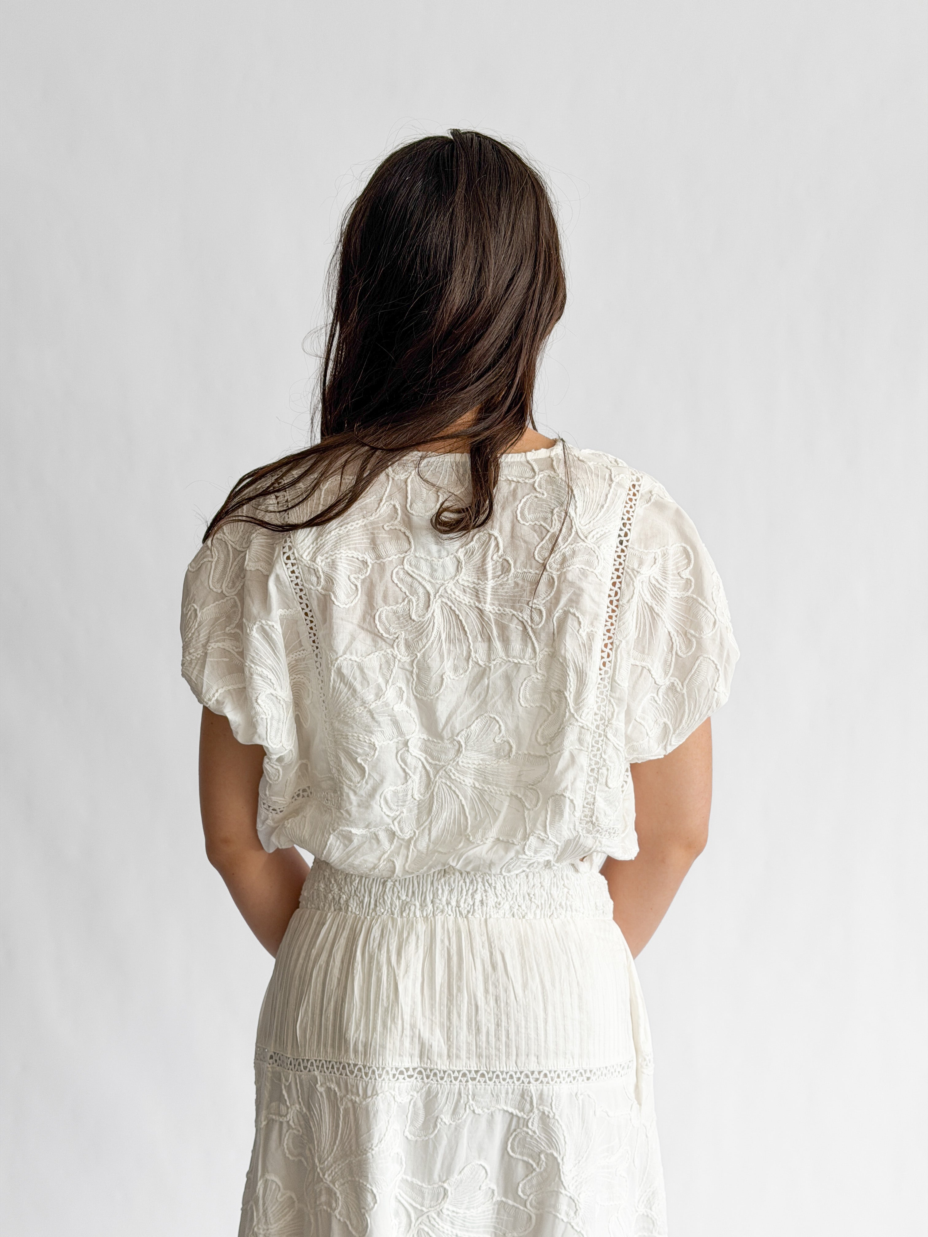 Winifred White Floral Embroidery Cropped Cotton Top