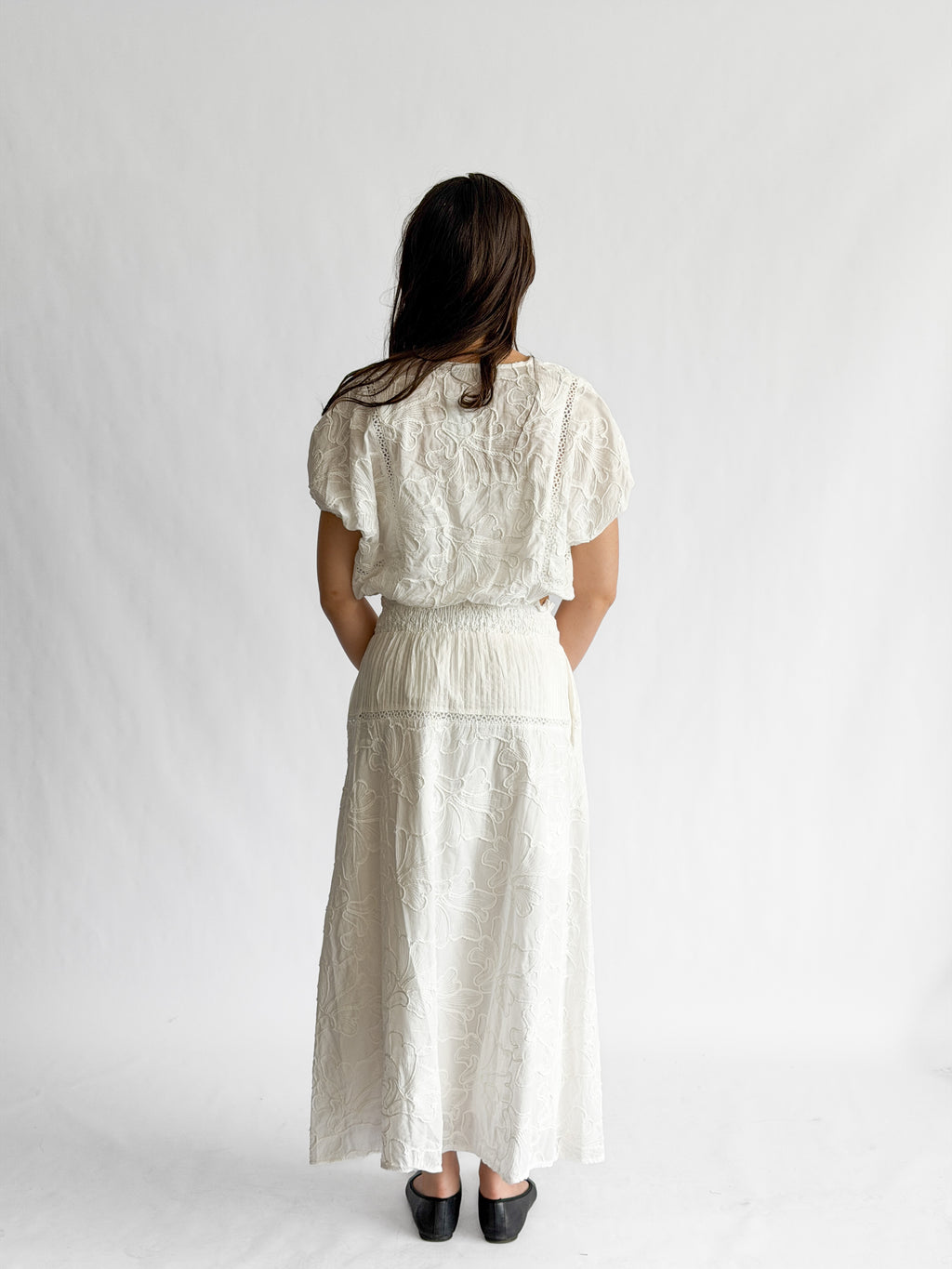 Winifred White Floral Embroidery Cotton Midi Skirt