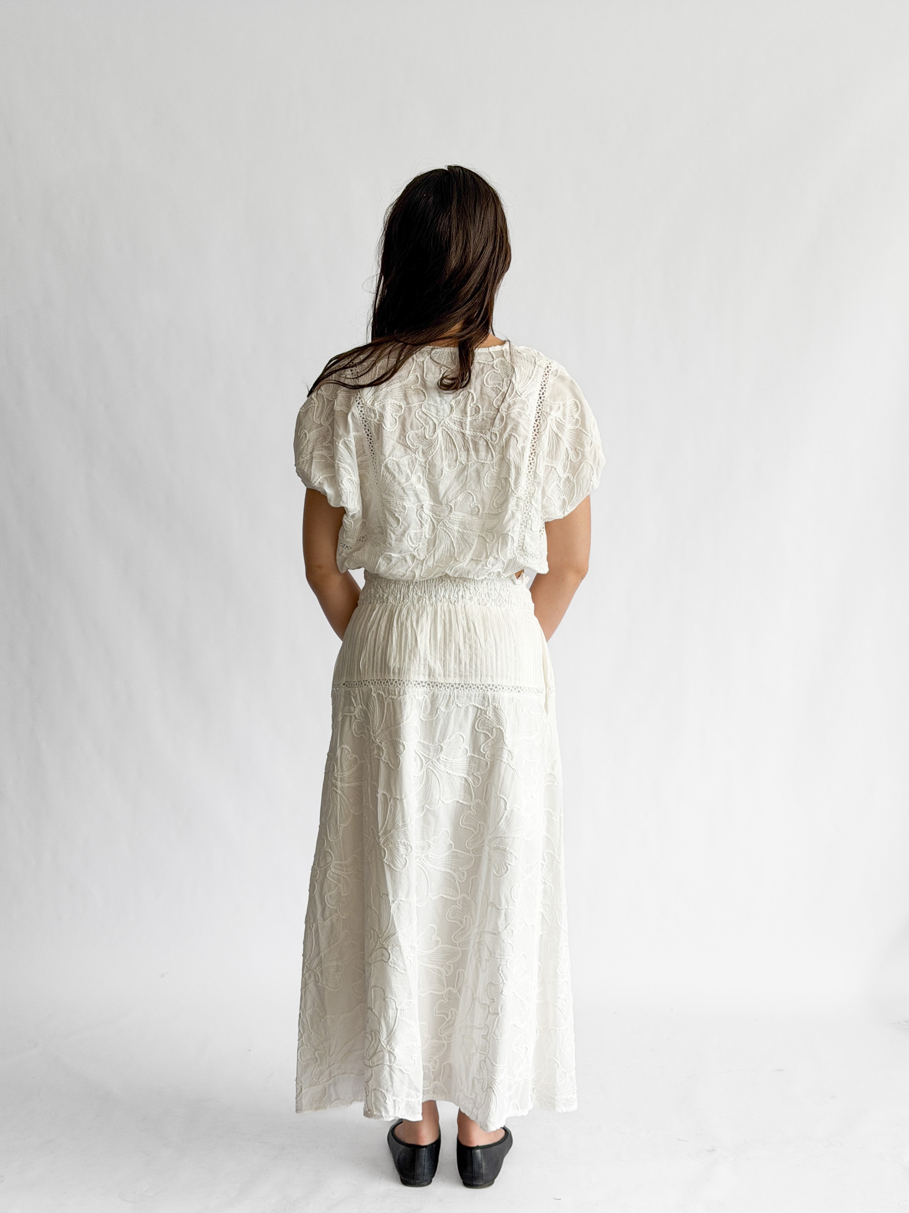 Winifred White Floral Embroidery Cotton Midi Skirt