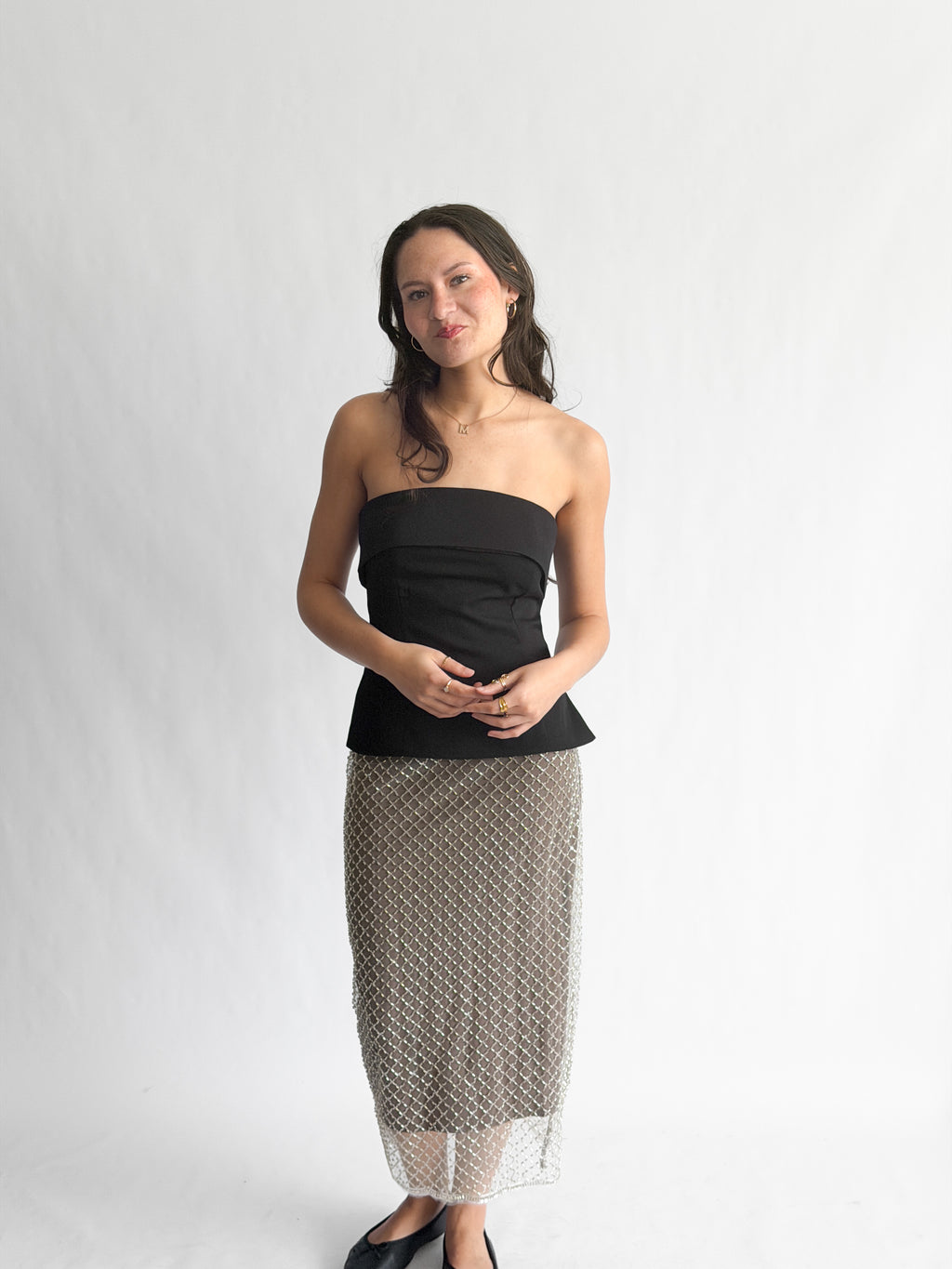 Whitney Taupe Beaded Mesh Back Slit Midi Skirt