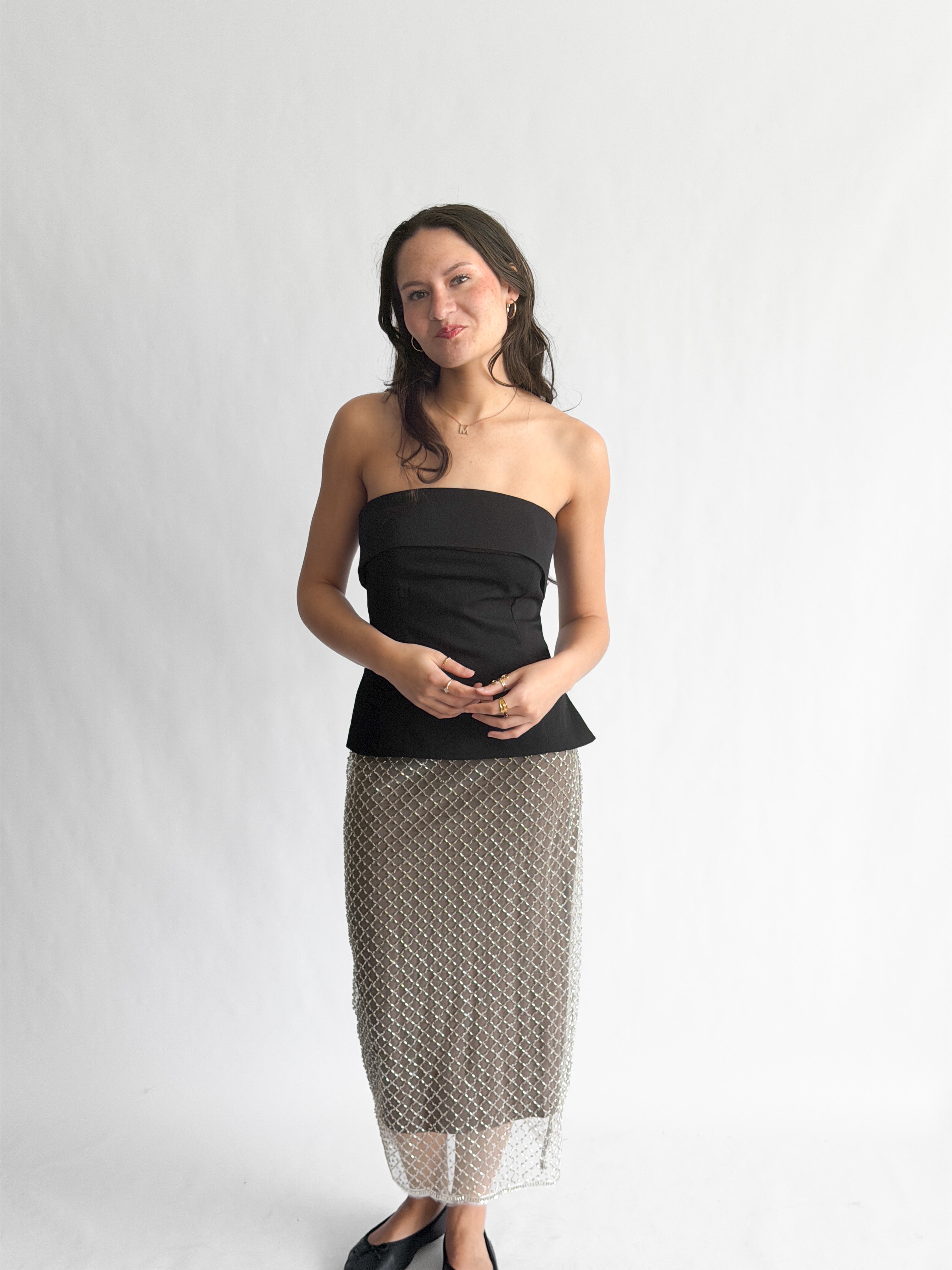 Whitney Taupe Beaded Mesh Back Slit Midi Skirt