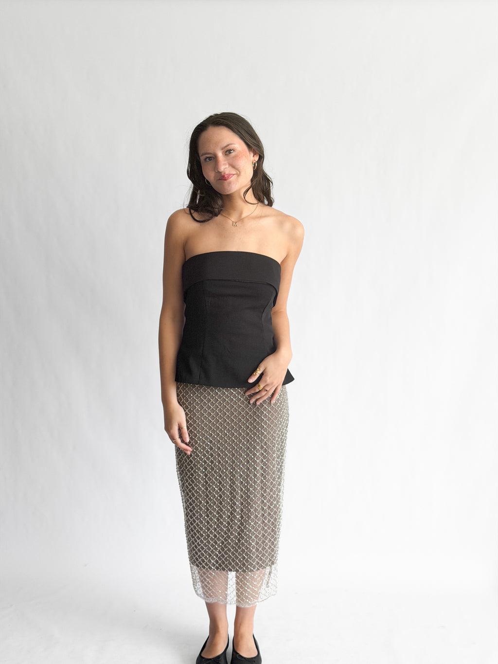 Whitney Taupe Beaded Mesh Back Slit Midi Skirt